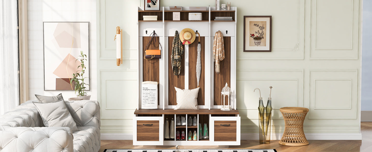 5 In 1 Entryway Bench With Coat Rack, 7 Sturdy Hooks, 2 Spacious Drawers And Adjustable Shelves, 58.8'' Wide Hall Tree With Metal Handles For Hallway, Entryway, Living Room Brown White Mdf