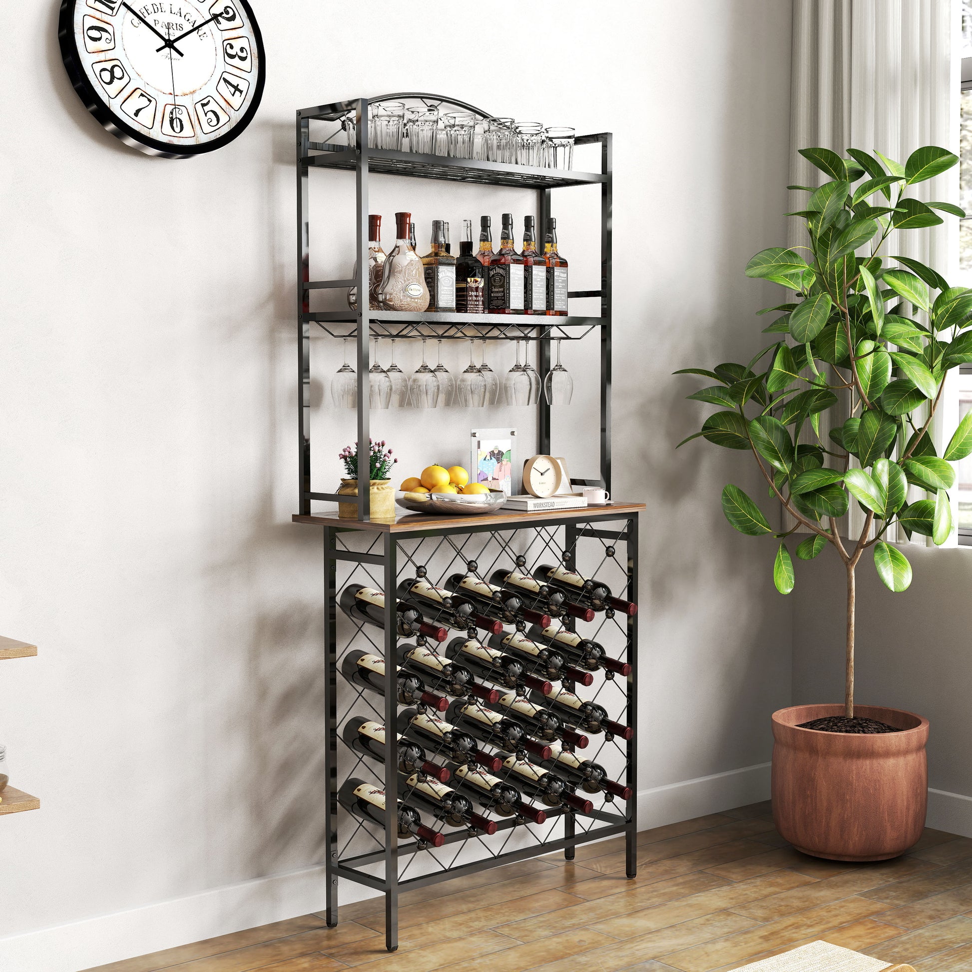 Industrial Wine Rack Bar Table, 3 Tier Liquor Bottle And Glass Holder With Storage Shelves, Metal And Wood Wine Organizer For Home Kitchen, Dining Room, And Living Room Black Brown Kitchen American Design Metal