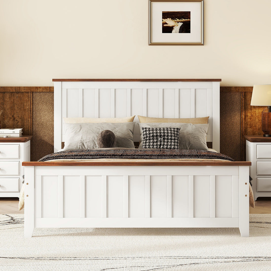 Full Size Wood Platform Bed Wooden Slat Support, Vintage Simple Bed Frame With Rectangular Headboard And Footboard, White Box Spring Not Required Full White Wood