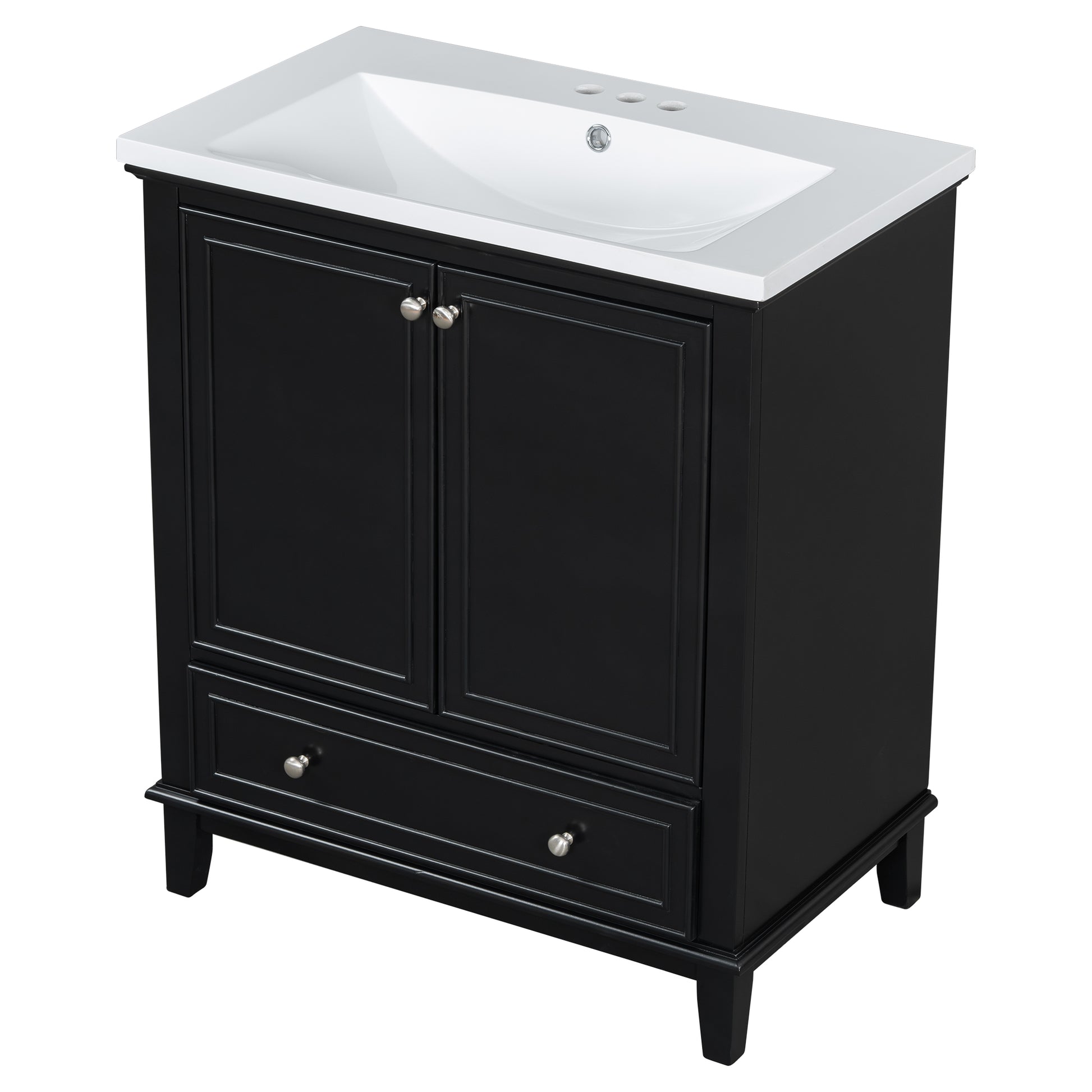 30" Bathroom Vanity With Sink Combo, Multi Functional Bathroom Cabinet With Doors And Drawer, Solid Frame And Mdf Board, Black Black Solid Wood Mdf