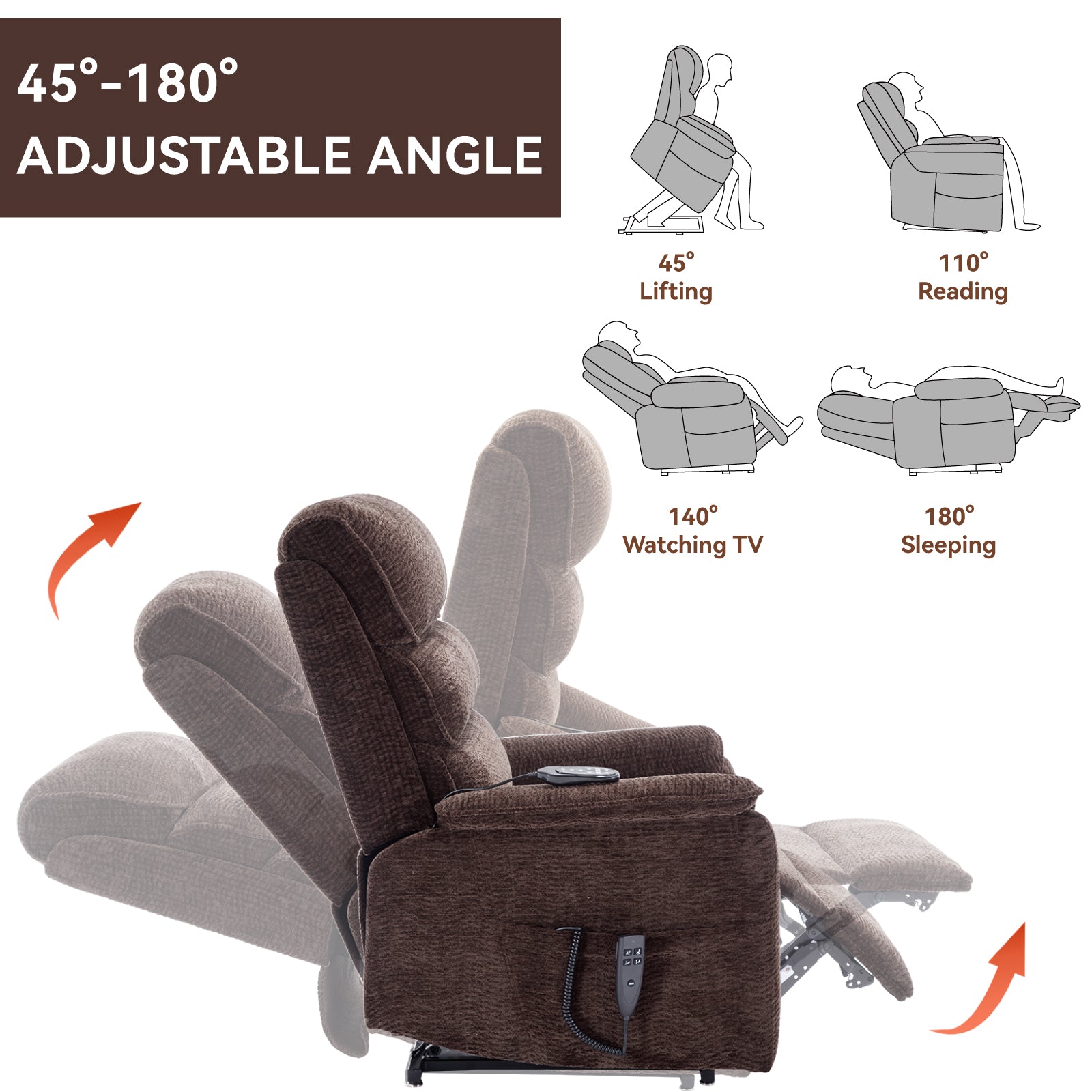 Brown Chenille Dual Motor Infinite Position Up To 350 Lbs Power Lift Recliner Chair With Power Remote, Heat Massage And Heavy Duty Motion Mechanism White Metal Primary Living Space Heavy Duty Push