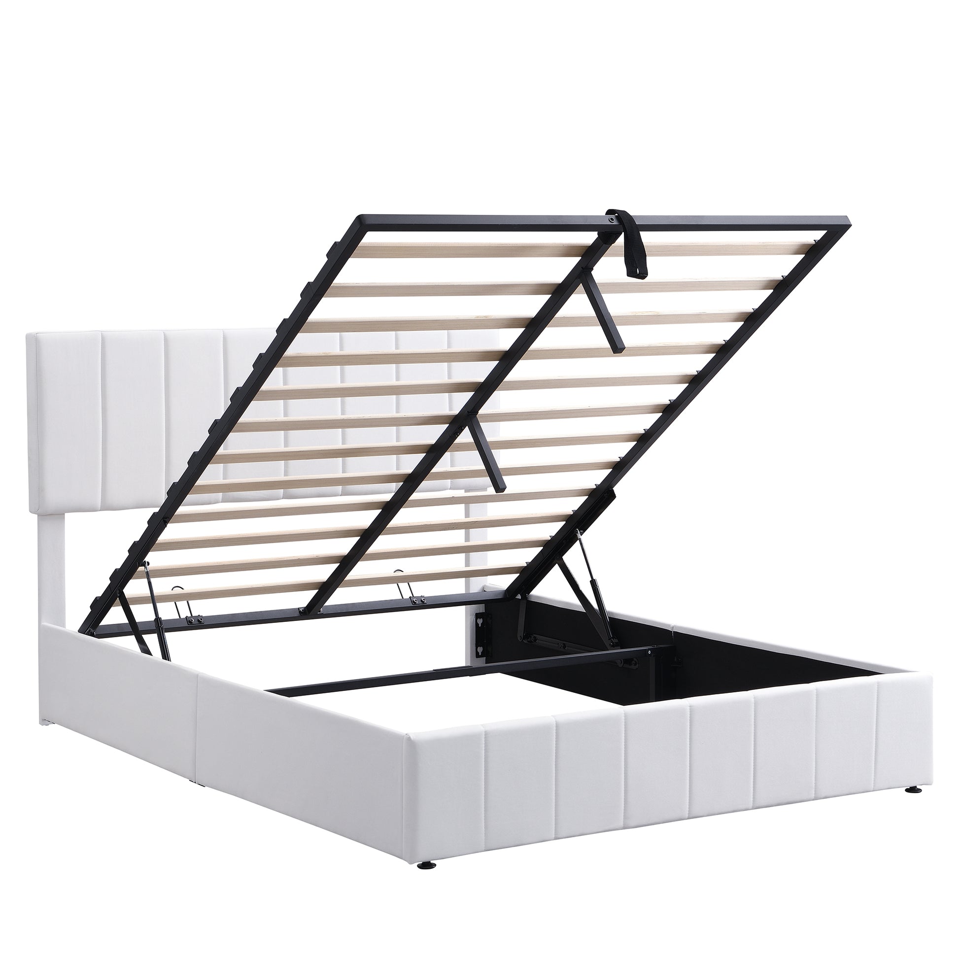 Queen Size Upholstered Platform Bed With A Hydraulic Storage System White Old Sku: Lp000211Aak White Upholstered