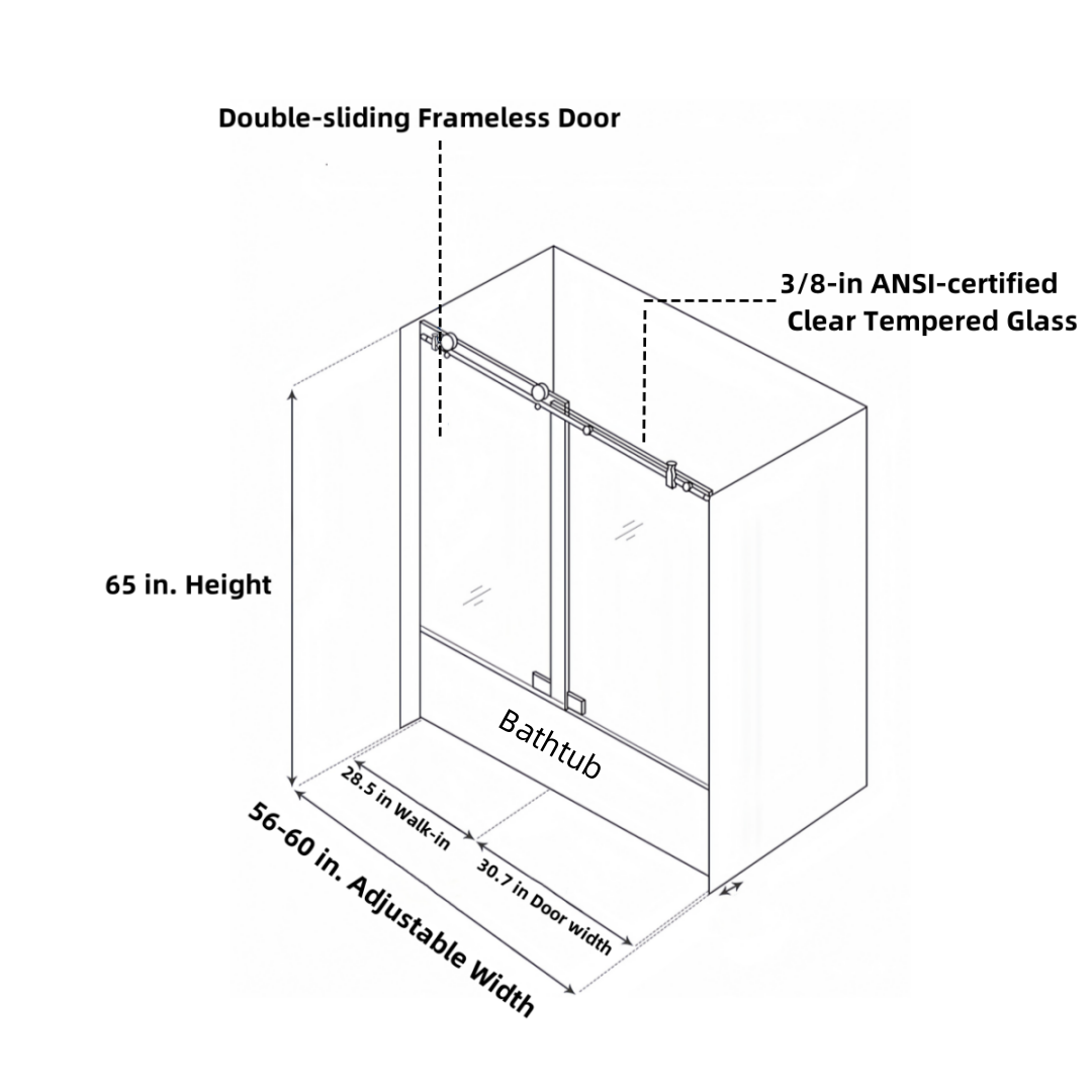 56 To 60In. W X 65'' H Frameless Double Sliding Tub Door, Bypass Tub Door Clear Glass Soft Closing In Chrome 23D02 T60C Chrome Stainless Steel