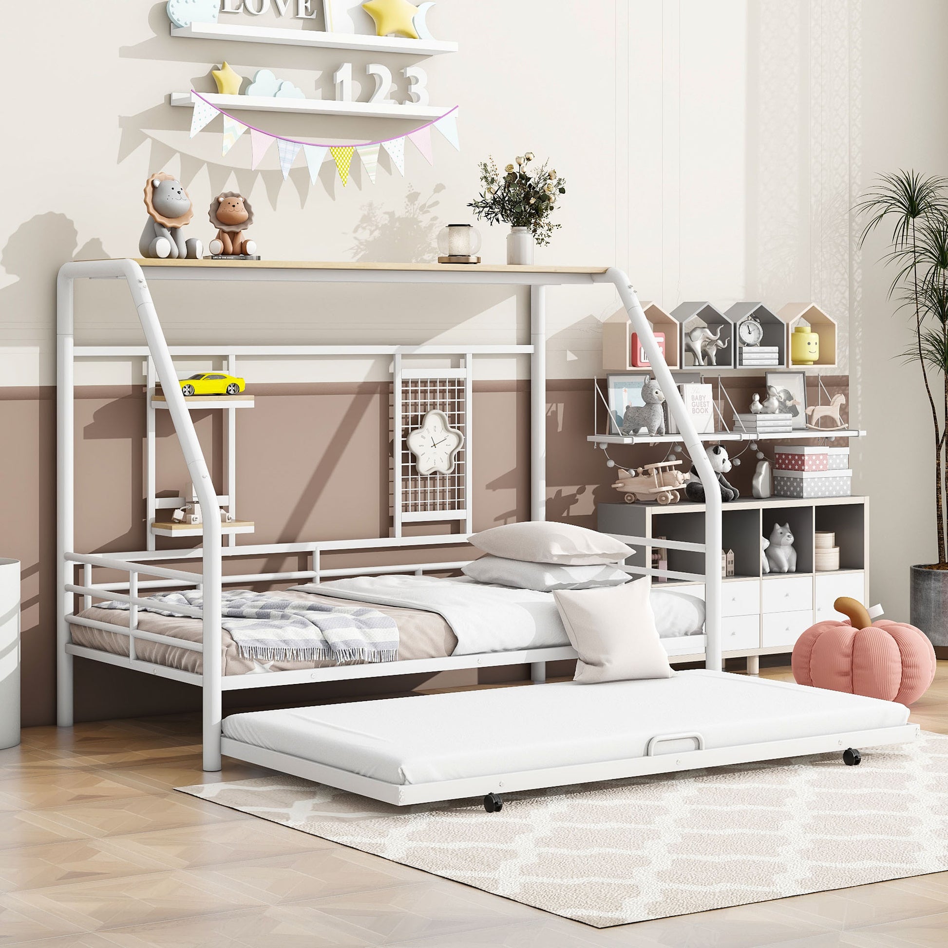 Twin Size Metal House Bed With Trundle, White Twin White Metal