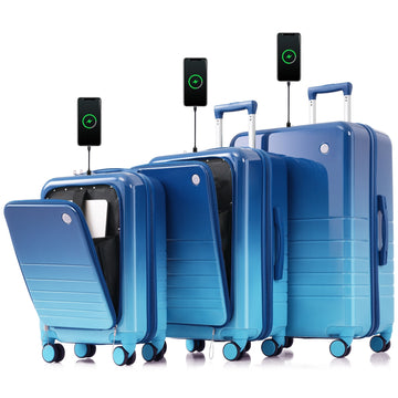 Luggage Set Of 3, 20, 24, 28Inch With Usb Port, 20, 24Inch With Front Opening Design Airline Certified Carry On Luggage With Cup Holder, Abs Pc Hard Shell Luggage With Spinner Wheels, Blue Blue Abs