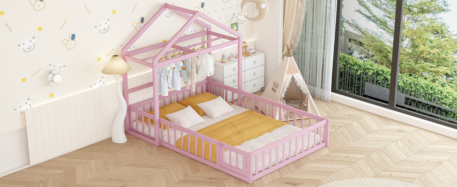 Wooden Floor Bed With Fence Railings And Detachable House Shape Headboard,Full Size Bed With Kids Dress Up Rack, Kids Montessori Style Playhouse Frame For Girls Boys, Pink Full Pink Wood