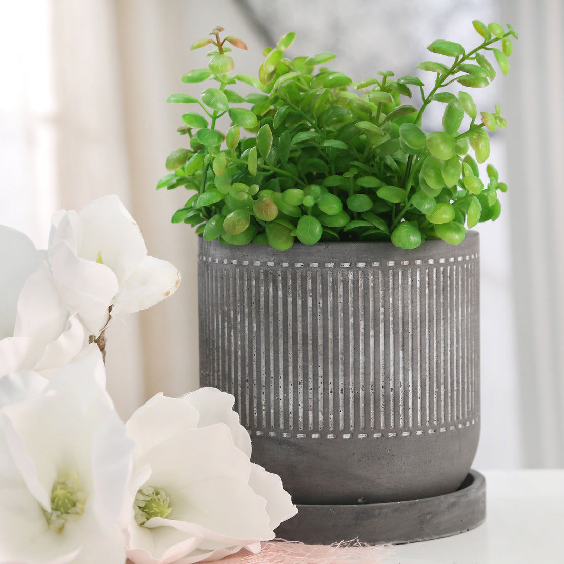 6" Line Pattern Planter W Saucer, Gray Gray Cement