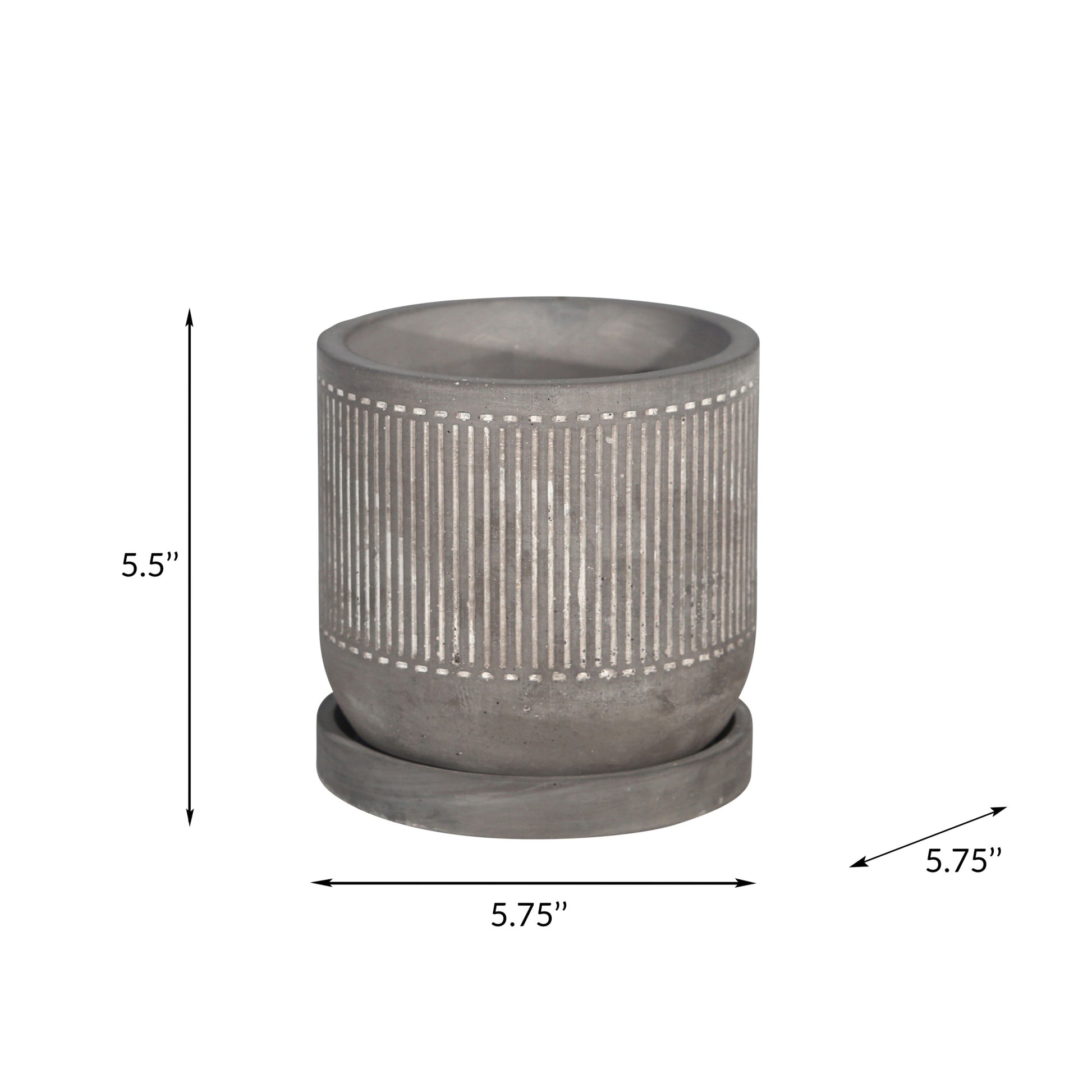 6" Line Pattern Planter W Saucer, Gray Gray Cement