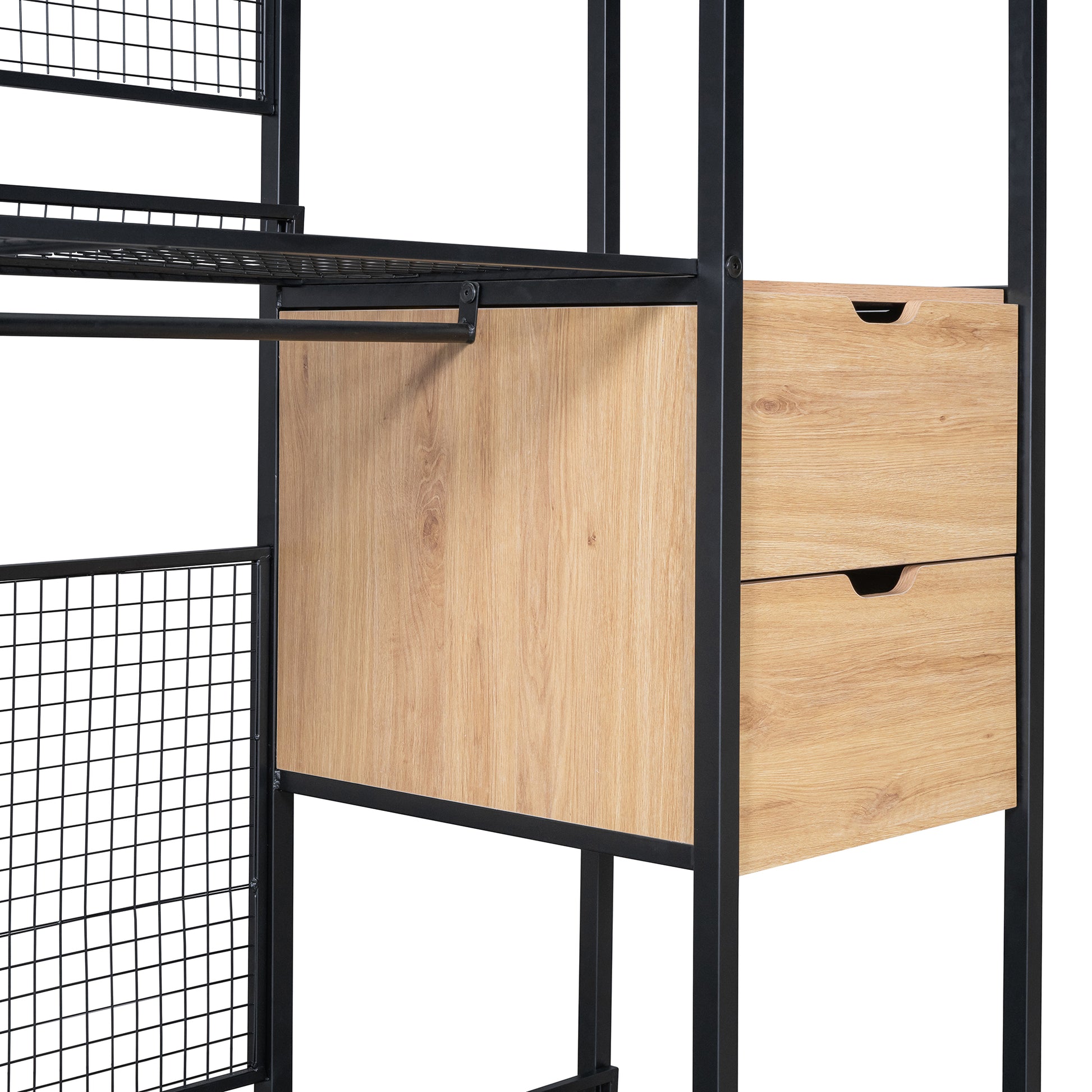 Open Style Wardrobe With Hanging Rails, Shelves And Drawers, Black Black Metal & Wood