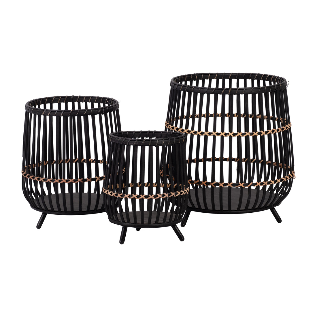 S 3 Bamboo Footed Planters 17 14 10", Black Black Bamboo