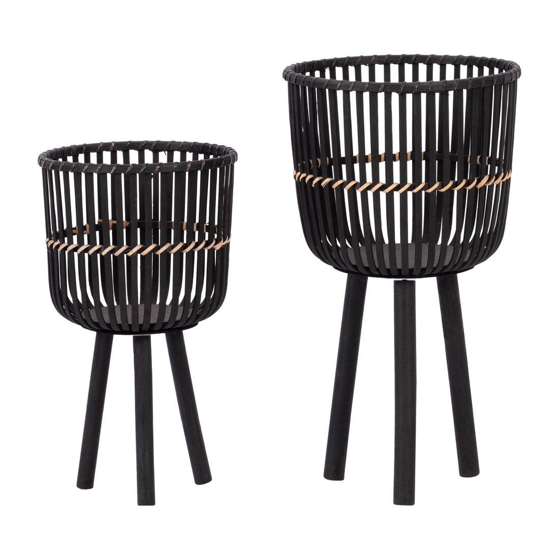 S 2 Bamboo Footed Planters 10 12", Black Black Bamboo