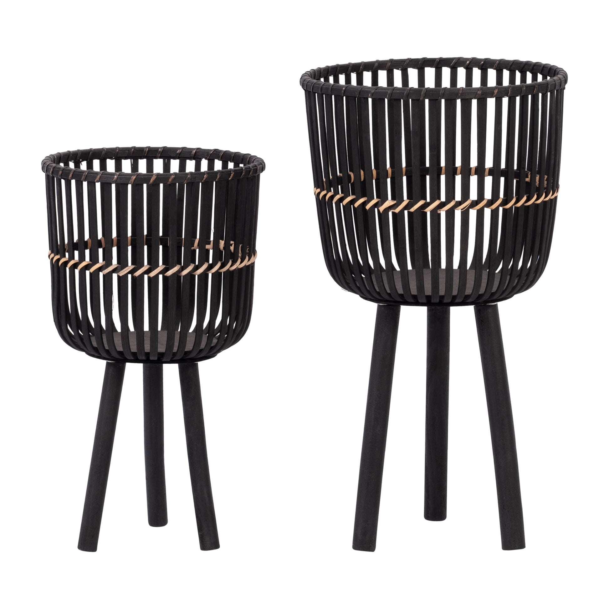 S 2 Bamboo Footed Planters 10 12", Black Black Bamboo