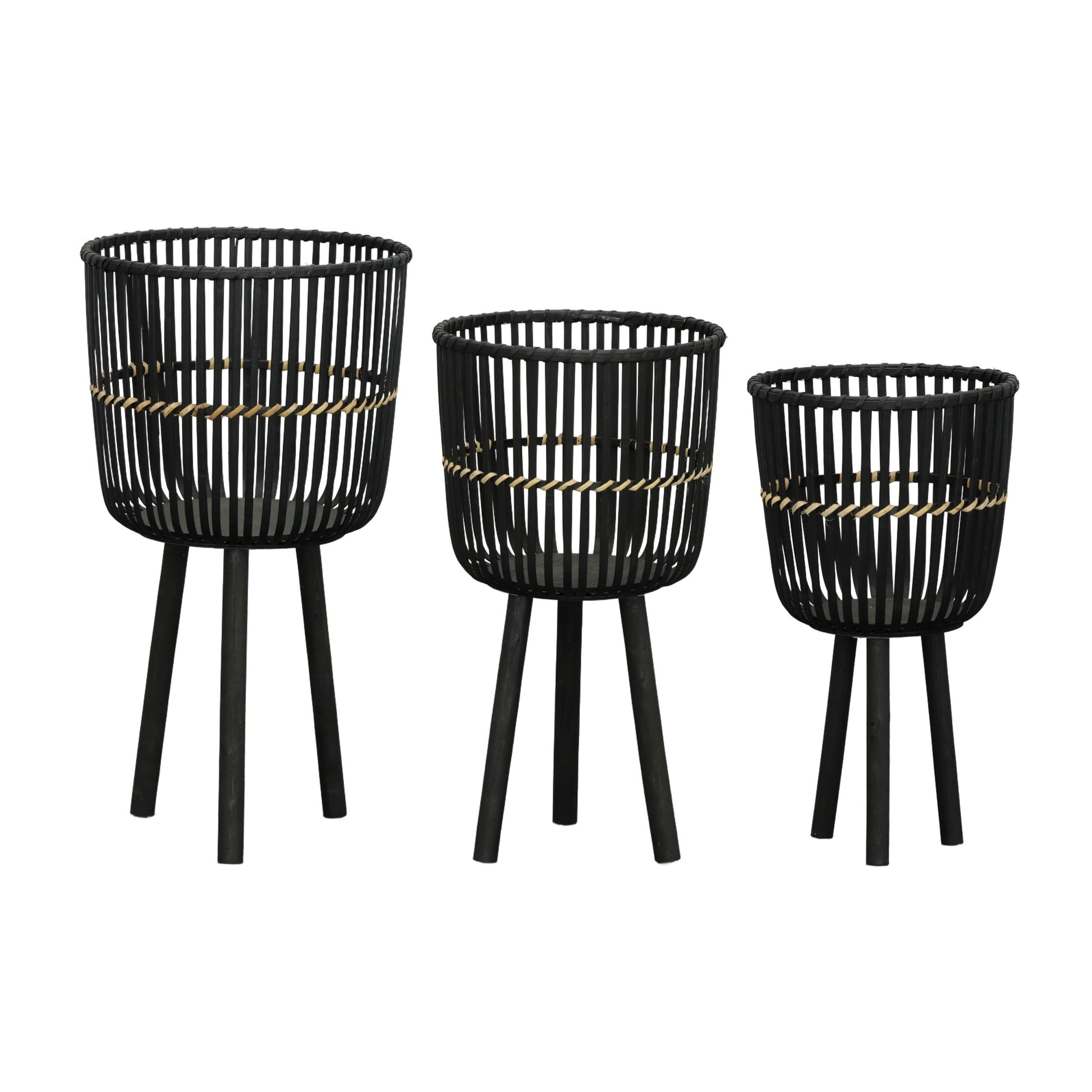 S 3 Bamboo Footed Planters 11 13 15", Black Black Bamboo