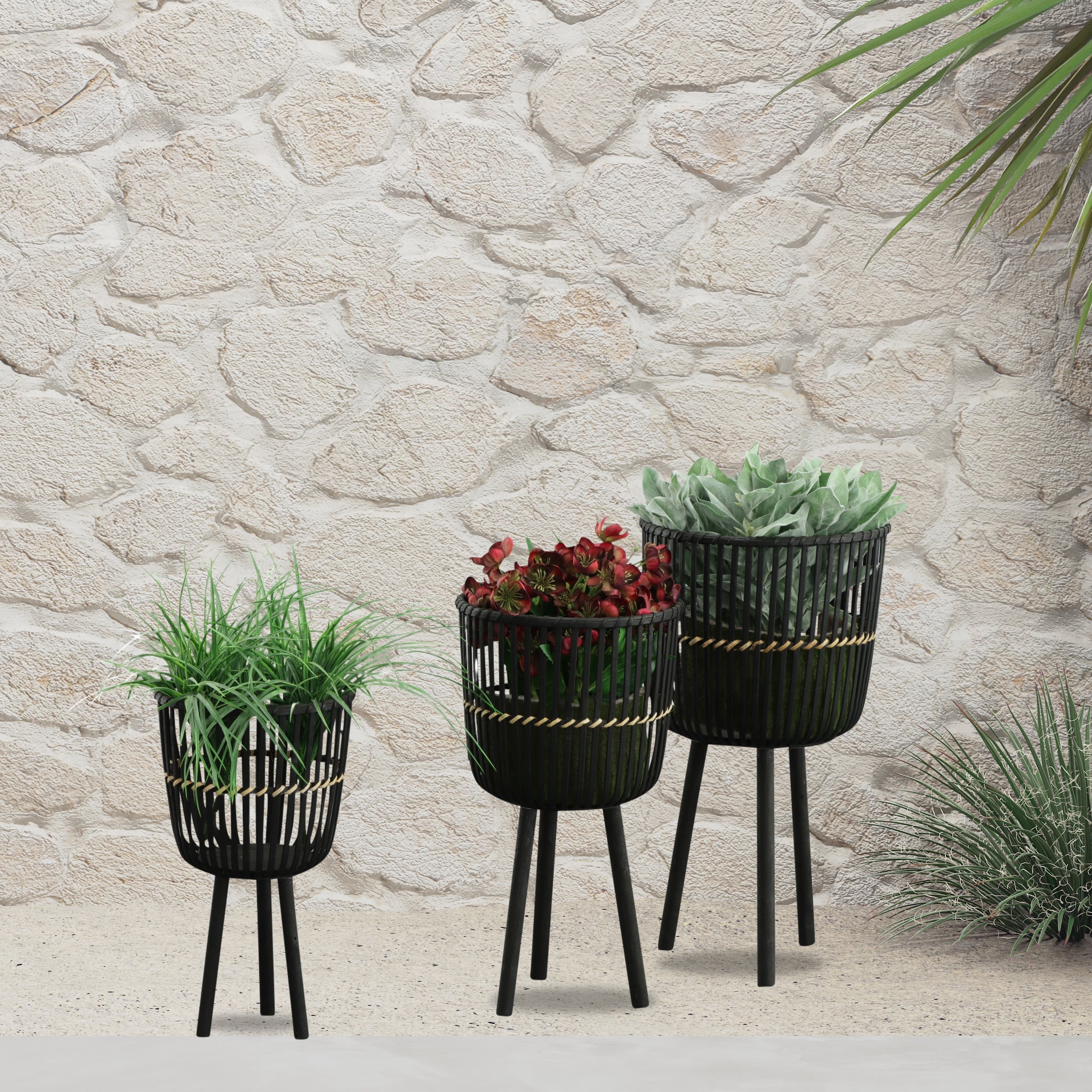 S 3 Bamboo Footed Planters 11 13 15", Black Black Bamboo