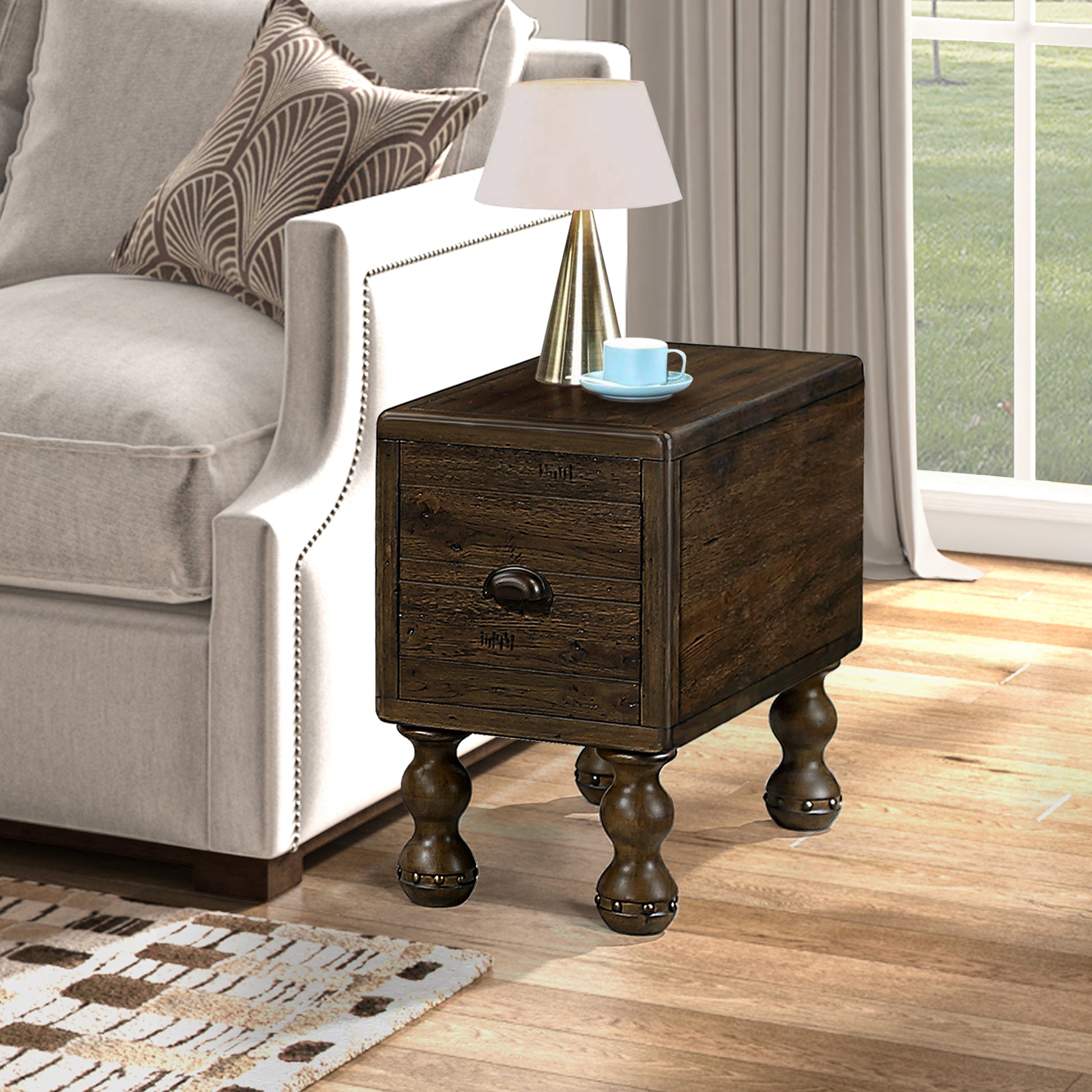Solid Wood End Table, Rectangle 23.6 Inch Narrow Side Table With Drawer, Vintage Bedside Table Nightstand For Small Spaces, Living Room, Bedroom, Easy Assembly, Espresso Espresso Pine