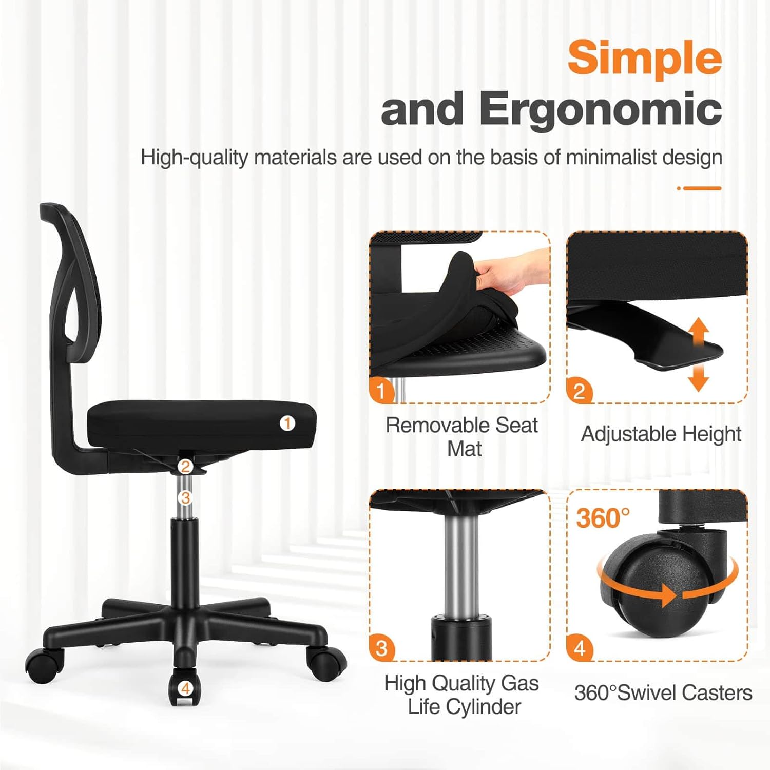 Low Back Mesh Armless Office Chair,Swivel Rolling Computer Chair No Arms With Lumbar Support, Black Black Metal