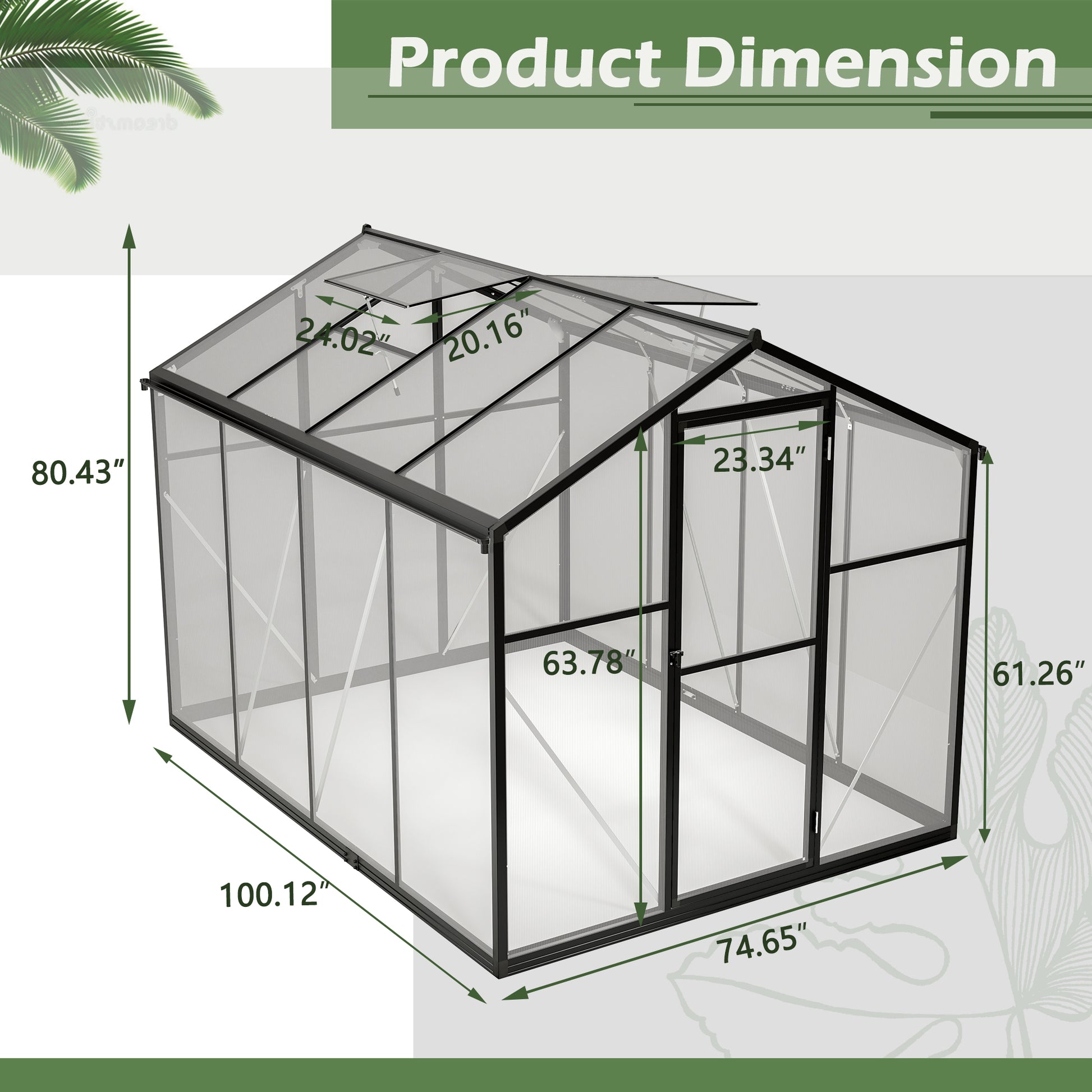 6X8 Ft Greenhouse For Outdoors, Polycarbonate Greenhouse With Quick Setup Structure And Roof Vent, Aluminum Large Walk In Greenhouse For Outside Garden Backyard, Black Black Aluminium