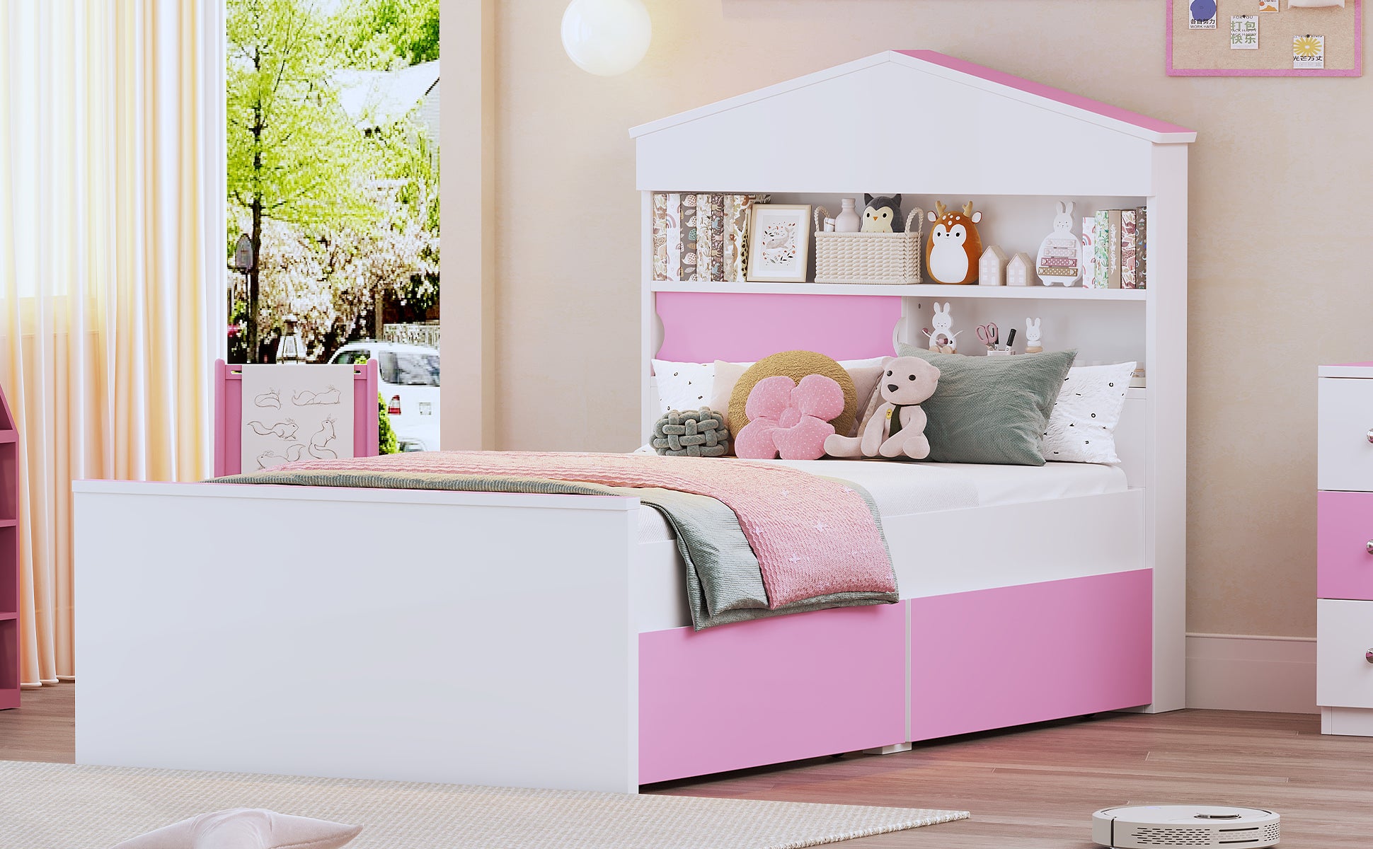 Twin Size House Shaped Wooden Bed With Storage Shelf On The Headboard, Built In Two Storage Drawers, Pink Pink White Wood