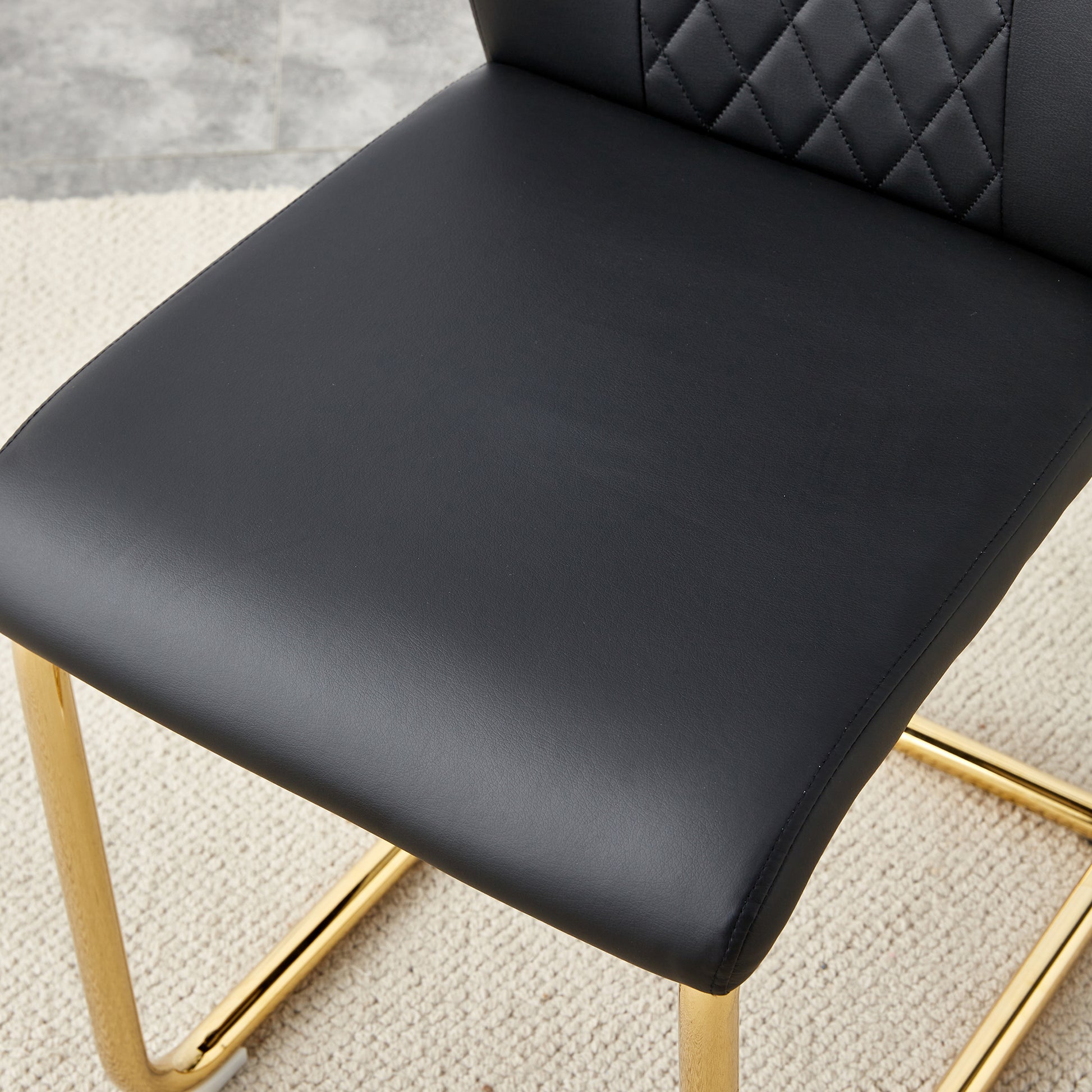 Table And Chair Set.Modern Rectangular Dining Table With Transparent Tempered Glass Tabletop And Gold Plated Metal Legs.Paried With 6 Comfortable Chairs With Pu Seats And Golden Metal Legs. Black Gold,Transparent Seats 6 Glass Metal
