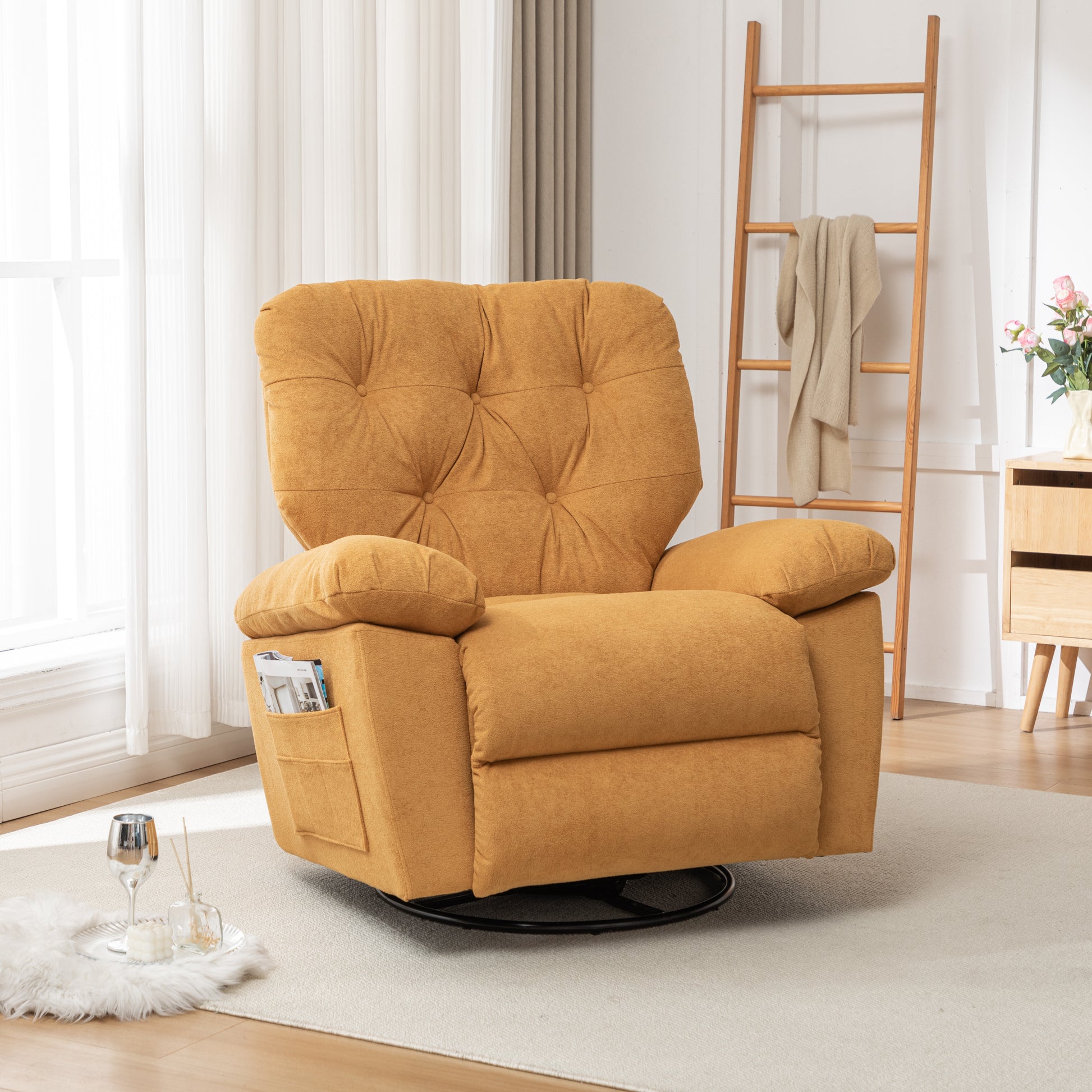 Yellow Relaxing Recliner Chair,Soft Artificial Fleece, Overstuffed, Swivel, Glider, Side Pocket Yellow Manual Push Button Wood Bedroom Medium Soft Tufted Back Heavy Duty Modern Push Button Oak