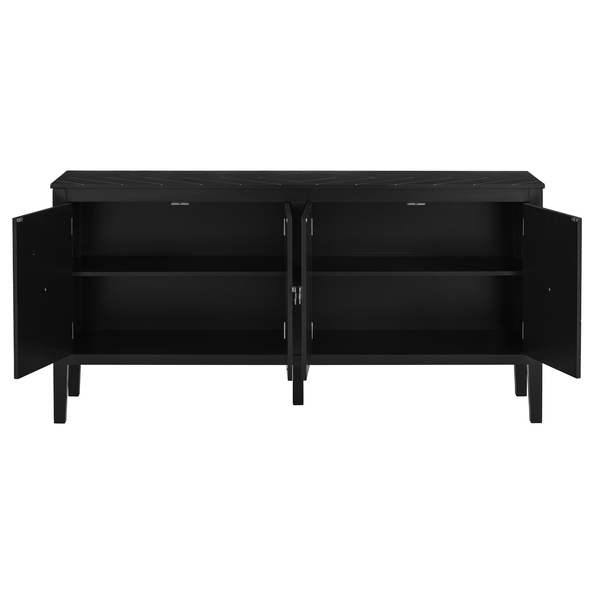 Four Door Sideboard With Geometric Line Patterns And Vintage Metal Handles For Timeless Elegance,Suitable For Living Rooms, Entrance And Study Rooms Black Primary Living Space American Design Mdf