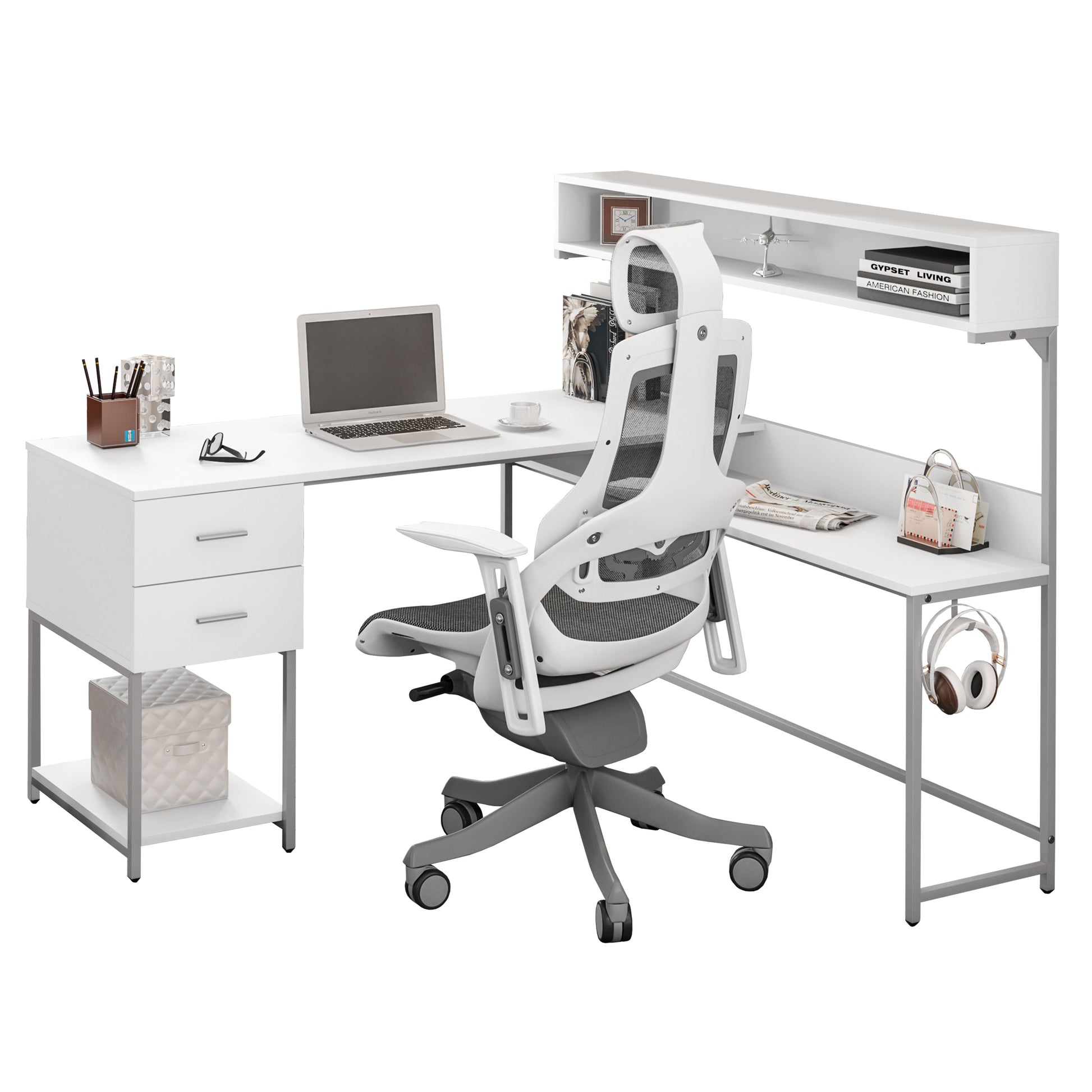 Techni Mobili L Shape Desk With Hutch And Storage, White White Computer Desk Office Modern L Shape Engineered Wood