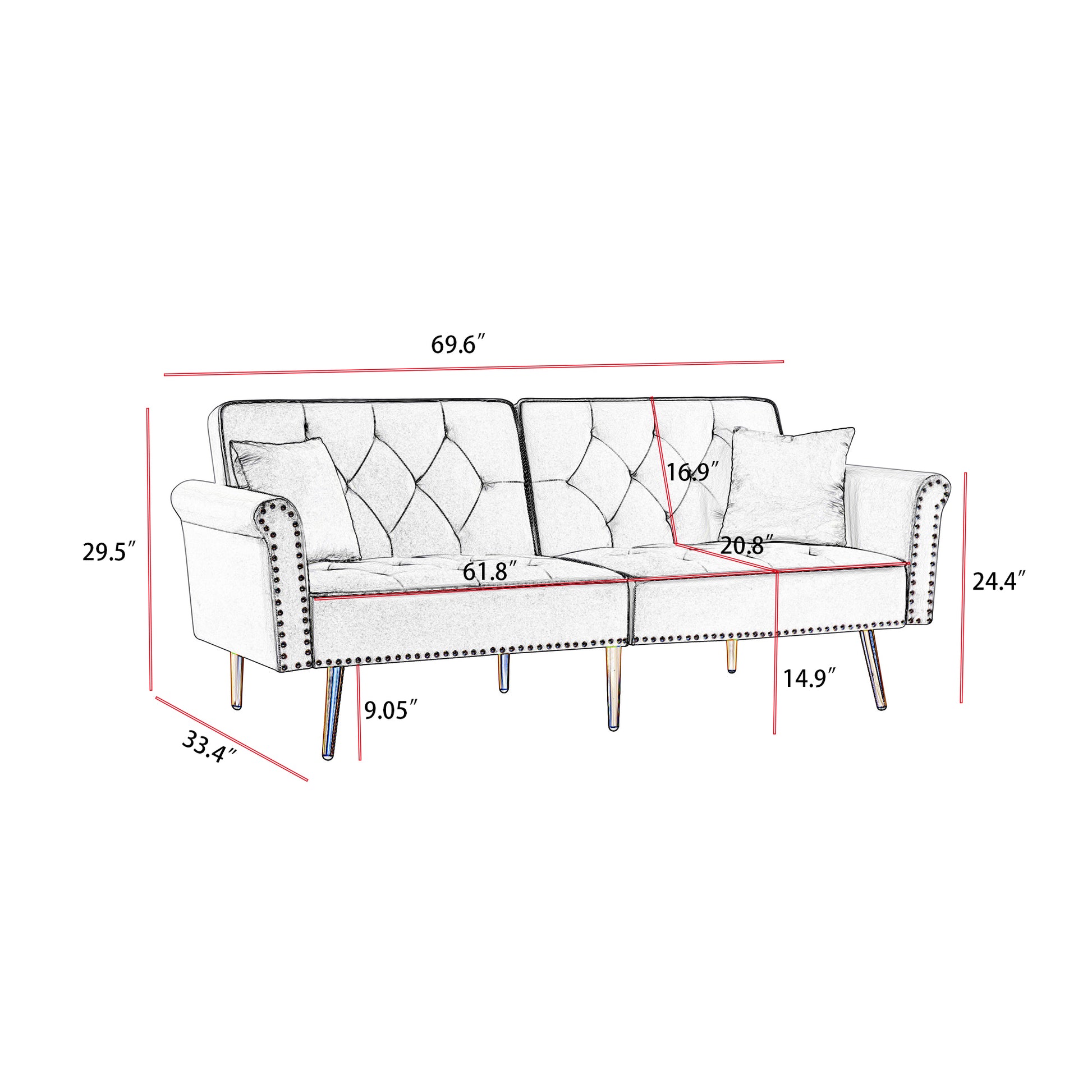 Grey Velvet Tufted Sofa Couch With 2 Pillows And Trim Light Grey Wood Foam Velvet 2 Seat