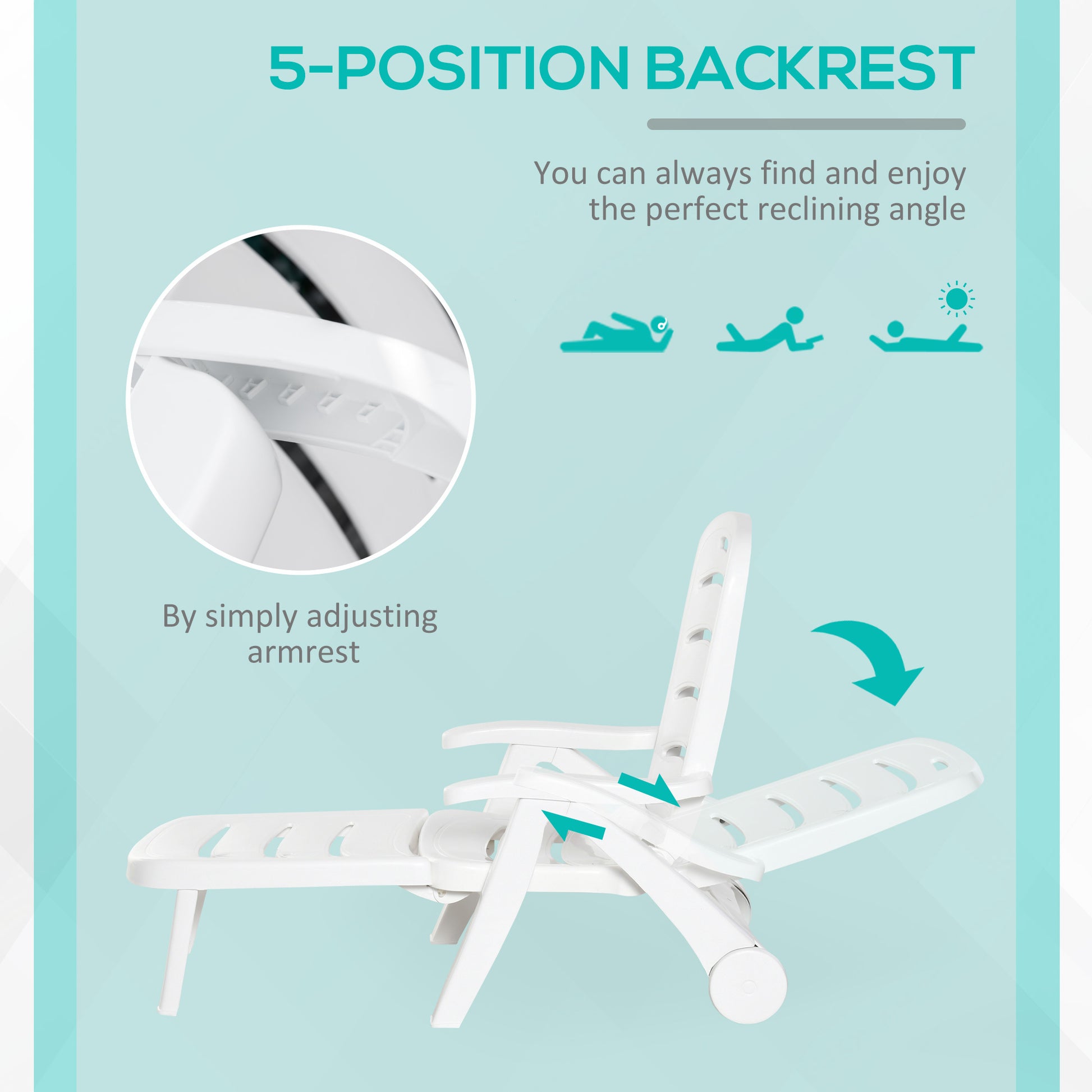 Outsunny Outdoor Chaise Lounge, 5 Level Adjustable Backrest Lounge Chair With Wheels, Folding Tanning Chair For Pool, Beach, Patio, Garden, White White Polypropylene