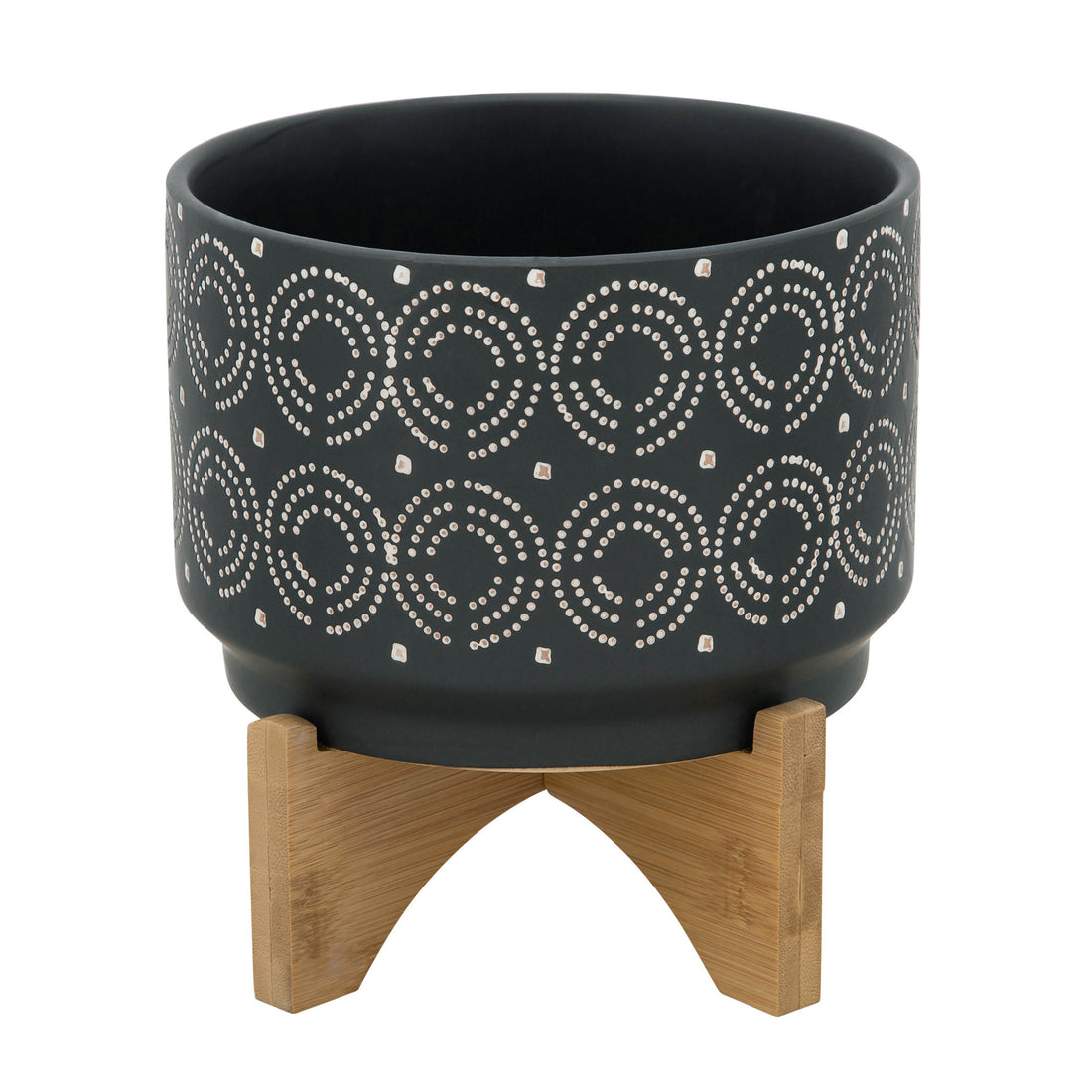 7" Swirl Planter On Stand, Black Black Ceramic