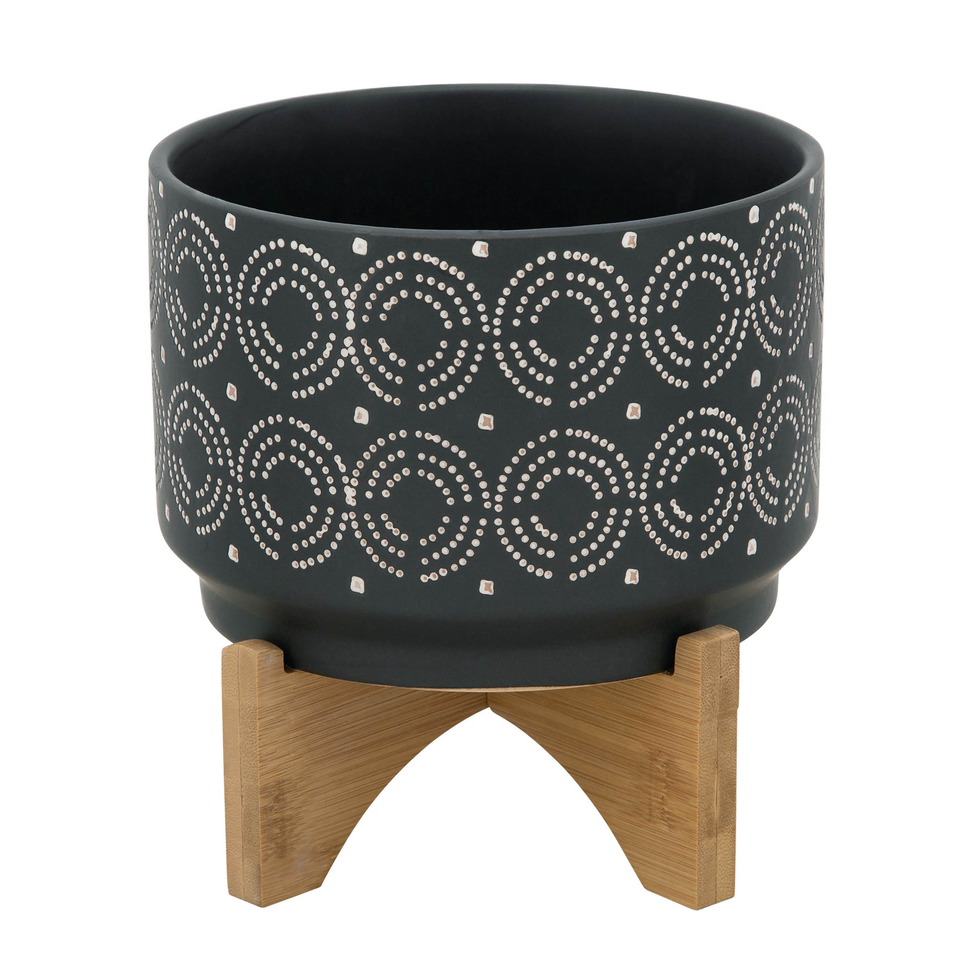 7" Swirl Planter On Stand, Black Black Ceramic