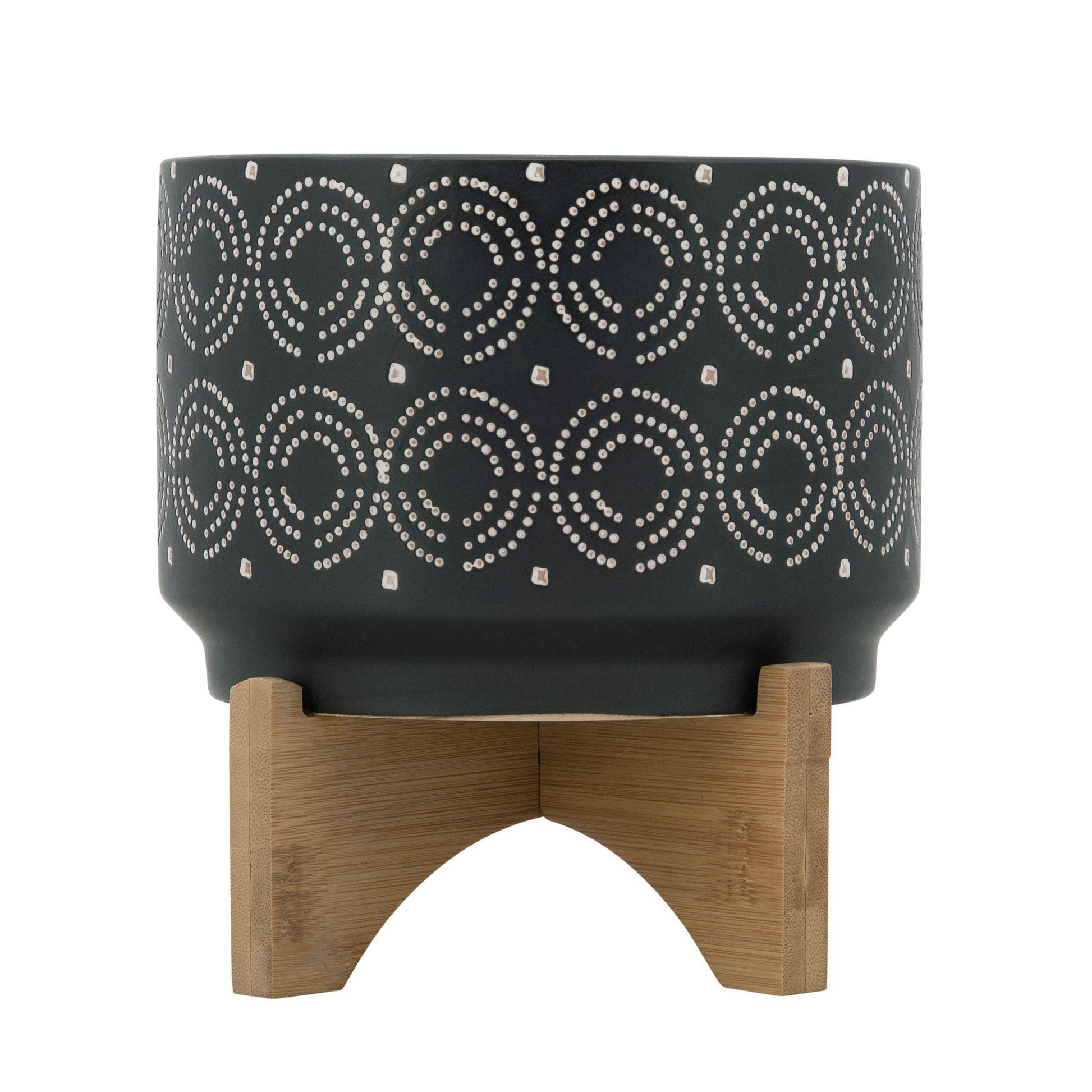 7" Swirl Planter On Stand, Black Black Ceramic