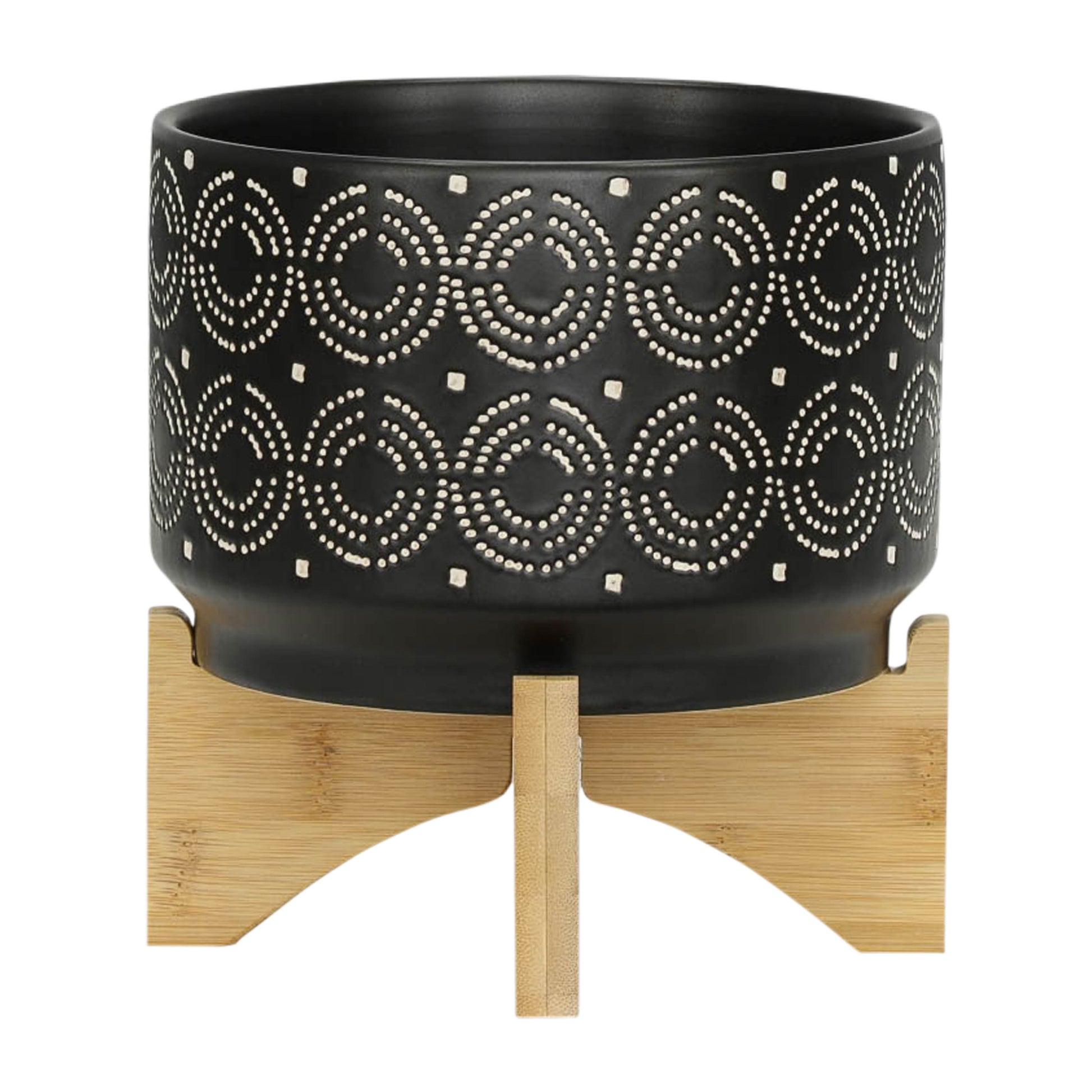 7" Swirl Planter On Stand, Black Black Ceramic