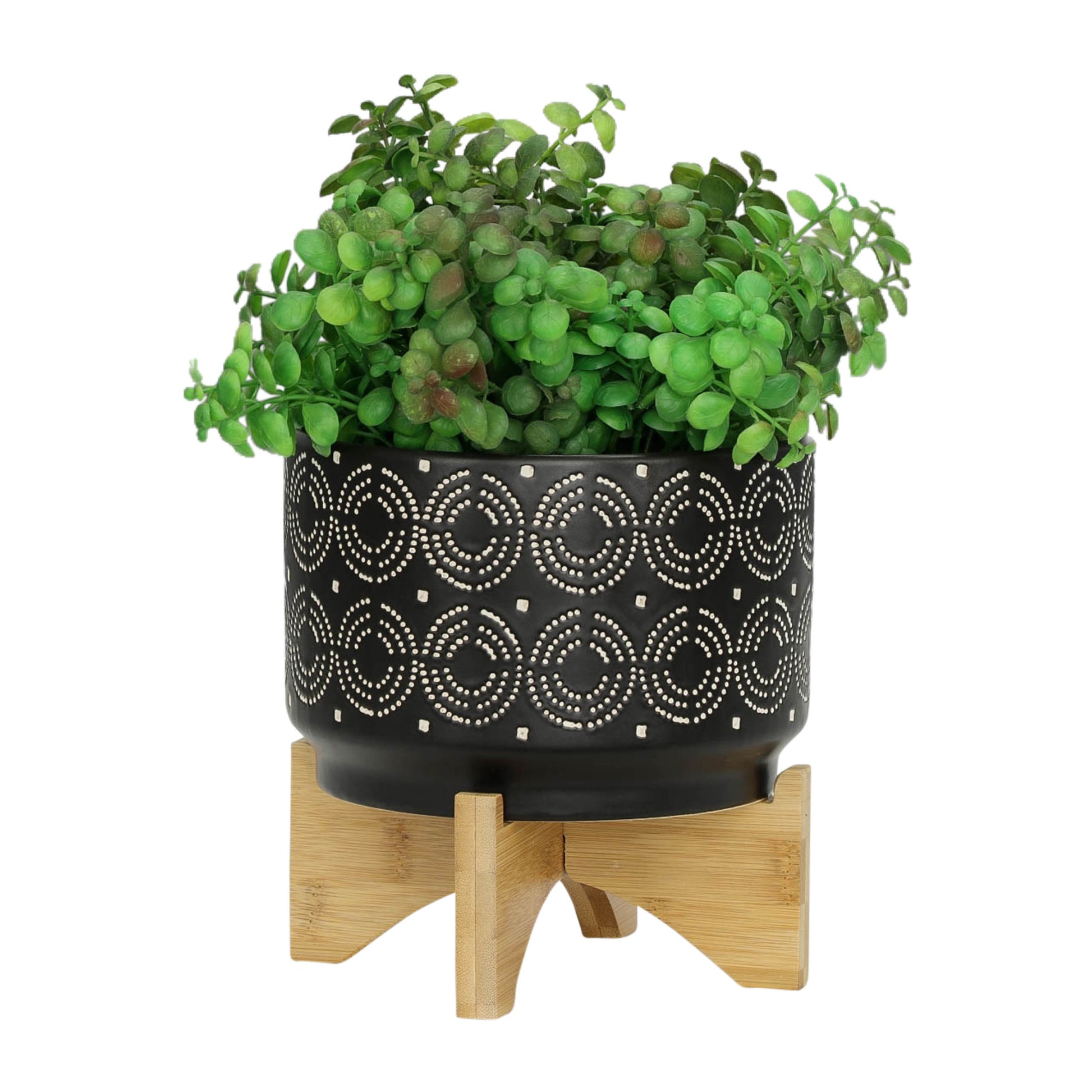 7" Swirl Planter On Stand, Black Black Ceramic