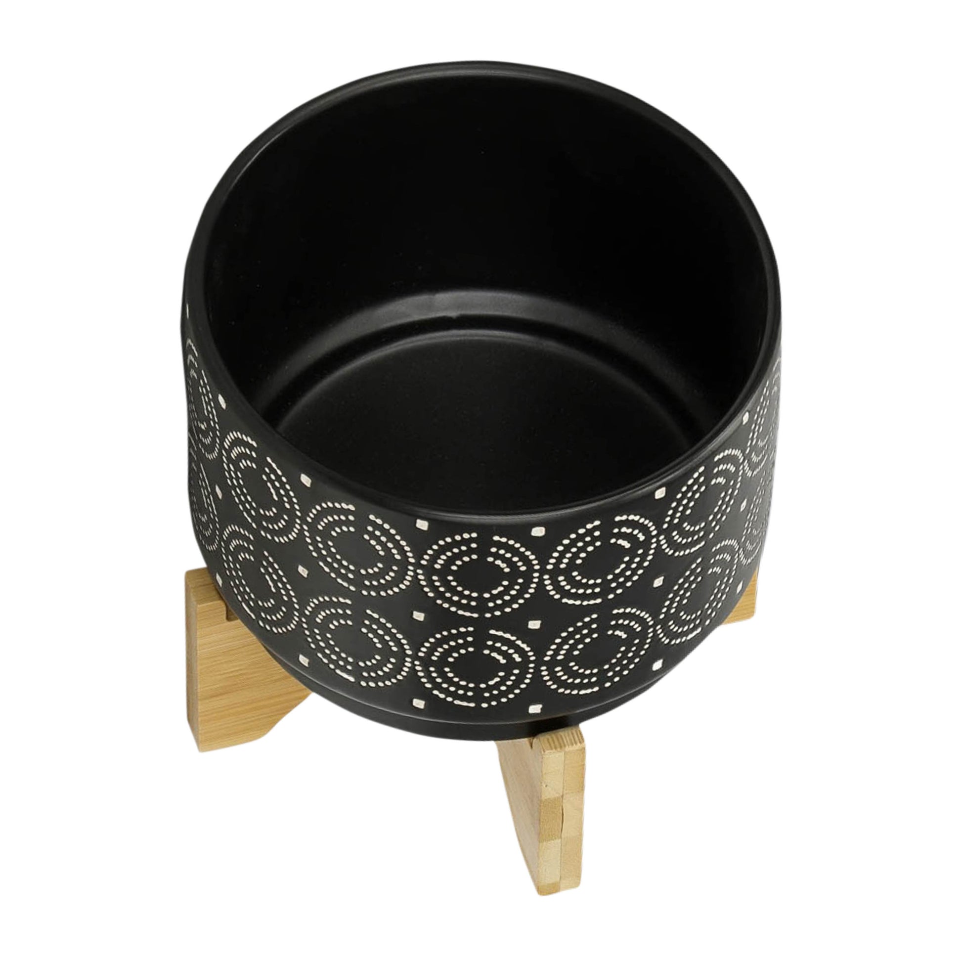 7" Swirl Planter On Stand, Black Black Ceramic