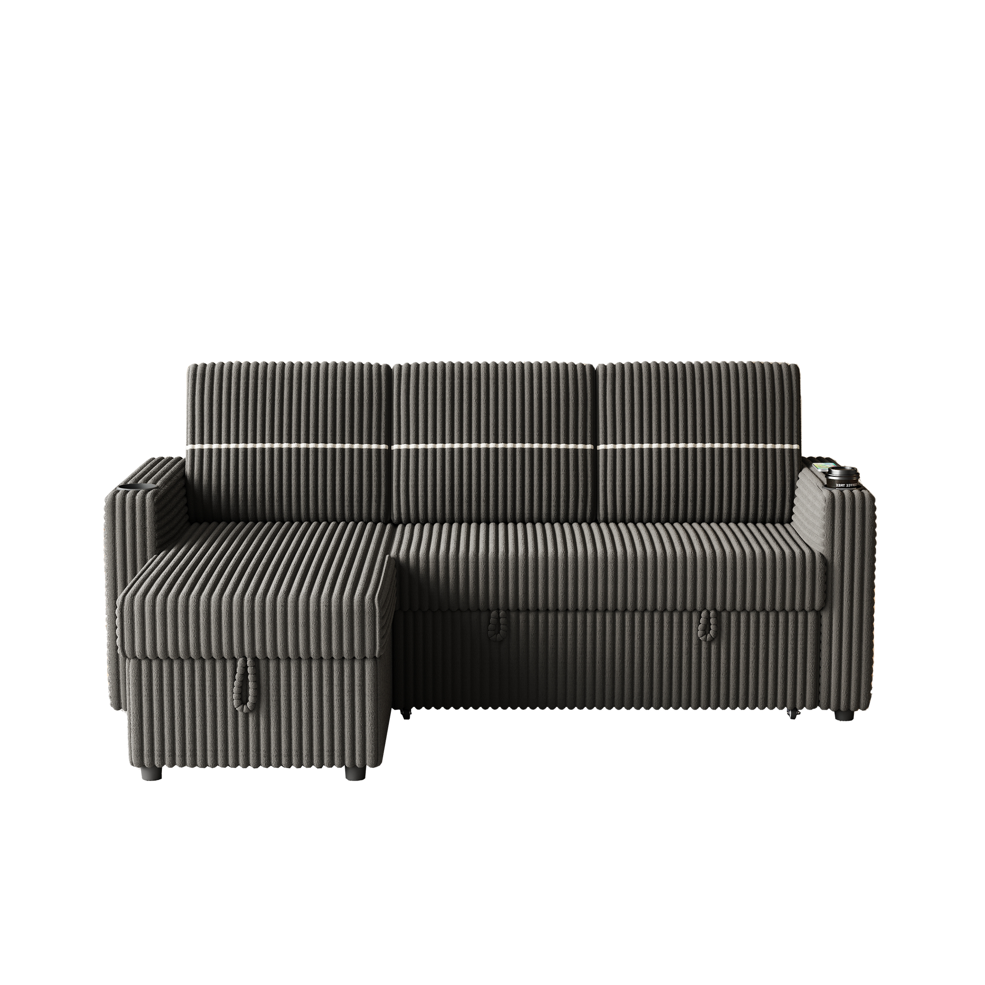 85 Inches Corduroy Sofa Bed, 3 Seater Sleeper Sofa With Storage Chaise, Square Handrail With Two Cup Holder And Usb Charge Port, Pull Out Couch For Living Room Dark Grey Corduroy 3 Seat