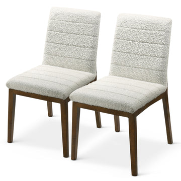 Ines White Boucle Dining Chair Set Of 2 Solid Brown,White Brown Dining Room Foam Wipe Clean Mid Century Modern Dining Chairs Foam Boucle,Solid Wood