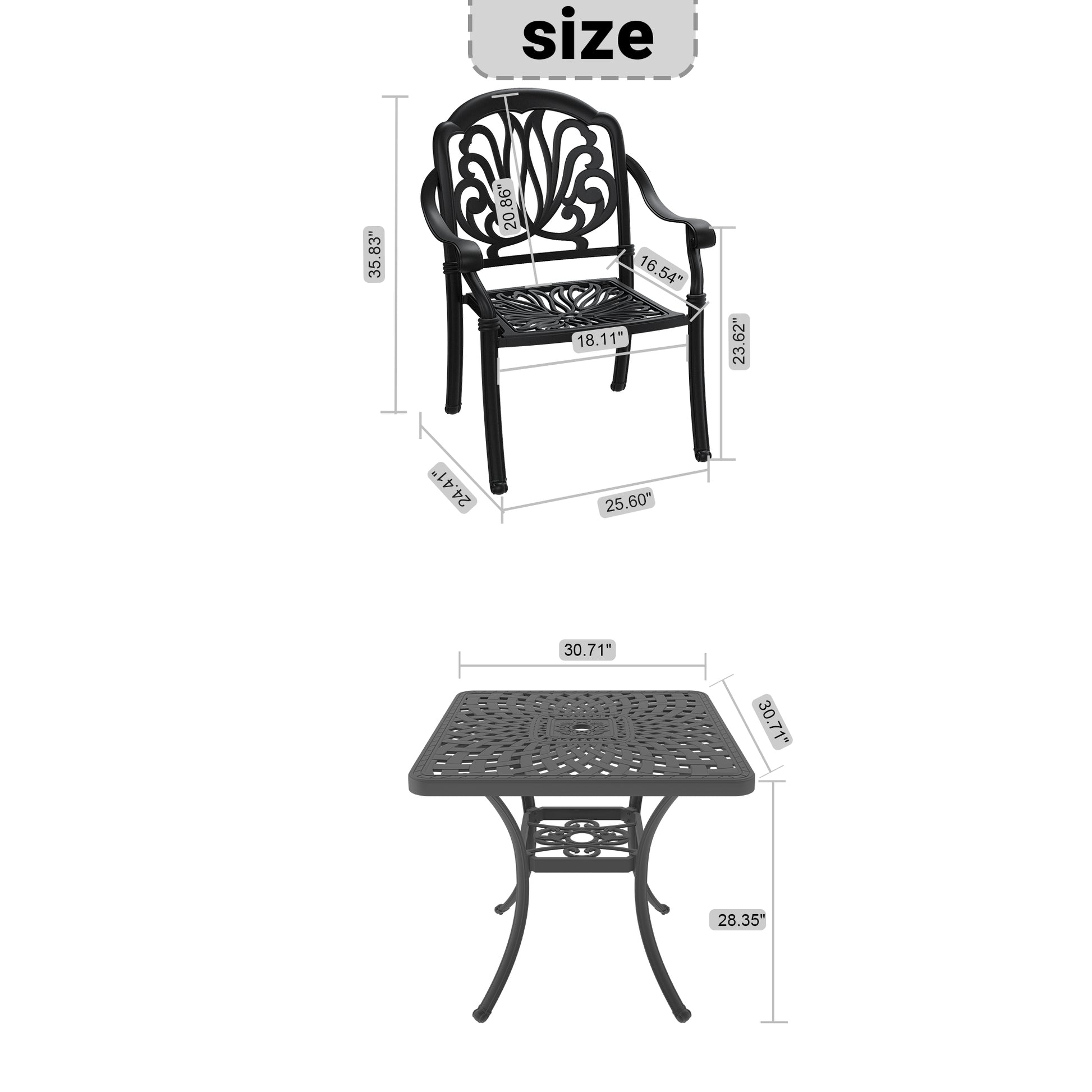 Cushions In Random Colors 3 Piece Set Of Cast Aluminum Patio Furniture With Cushions Yes Dining Set Black Seats 2 Rust Resistant Frame Water Resistant Cushion Garden & Outdoor Complete Patio Sets Aluminium