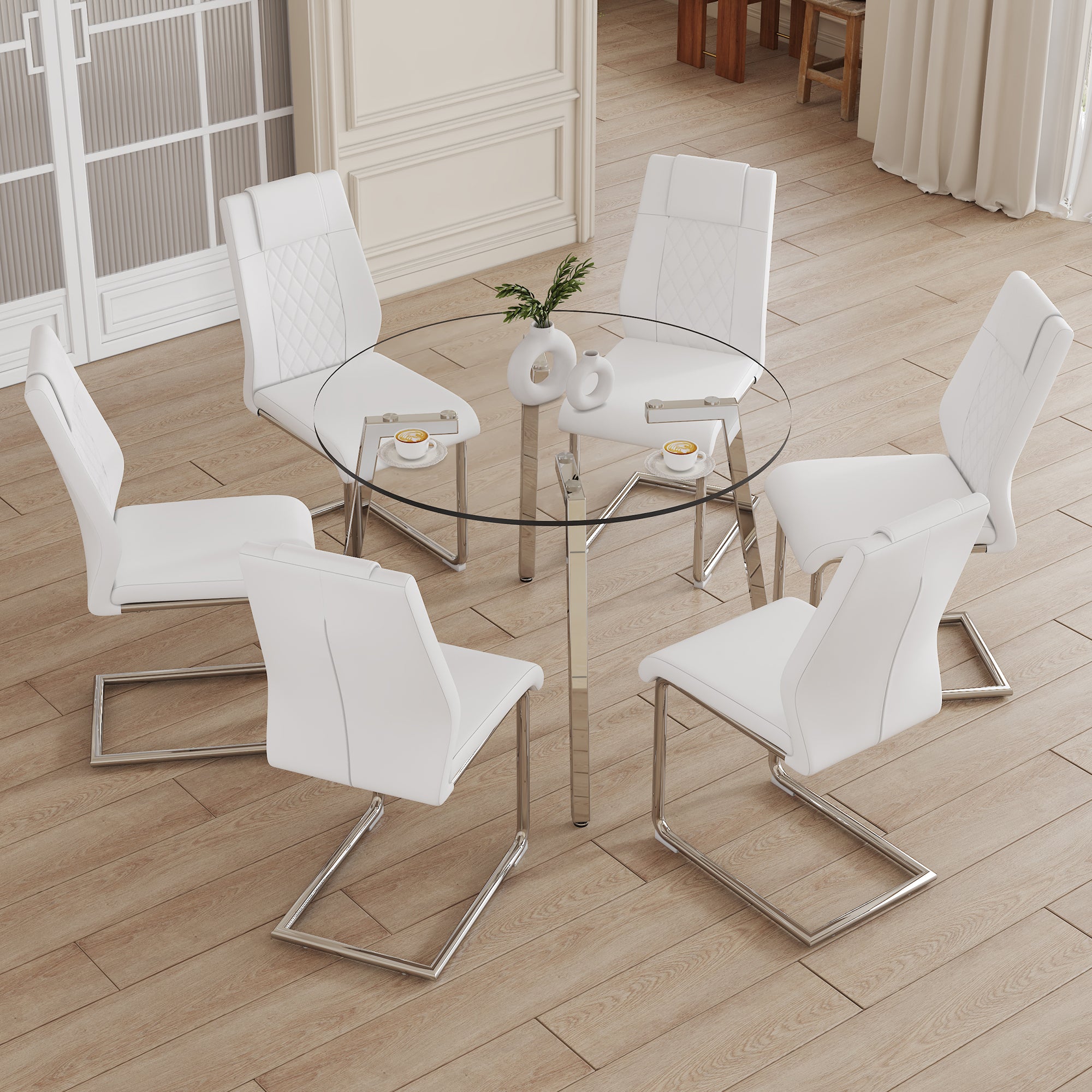 Table And Chair Set.A Modern Minimalist Style Round Clear Tempered Glass Table With Silver Metal Legs.Paried With 6 Chairs With Modern Pu Leather High Back Upholstered And C Tube Chrome Legs. Silver,White Seats 6 Glass Metal