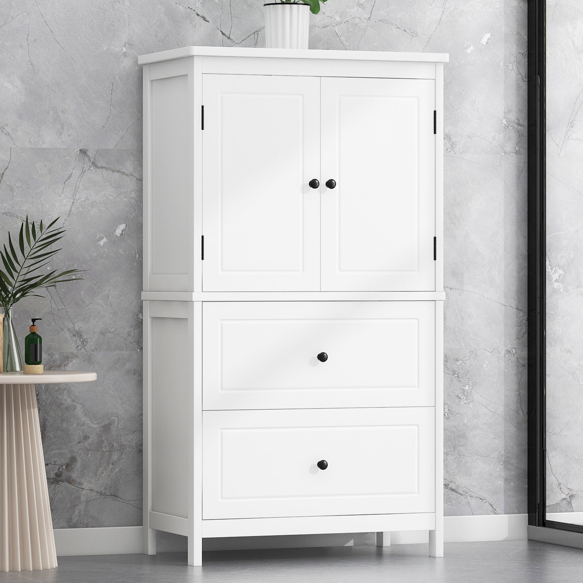 Bathroom Storage Cabinet, Cabinet With Two Doors And Drawers, Adjustable Shelf, Mdf Board, White White Mdf