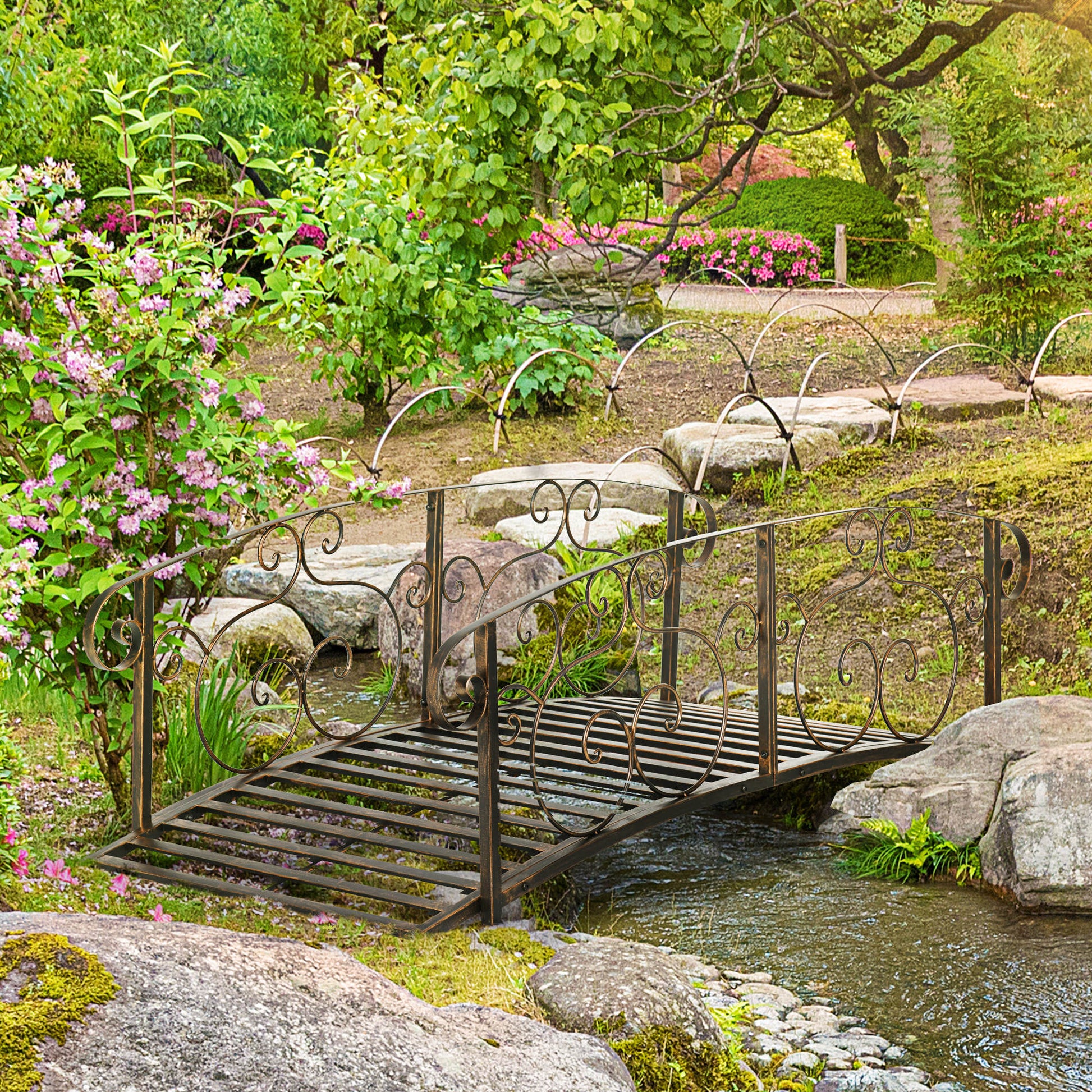 Outsunny 6' Metal Arch Backyard Garden Bridge, Safety Siderails, Arc Footbridge For Backyard Creek, Stream, Pond, Bronze Bronze Steel