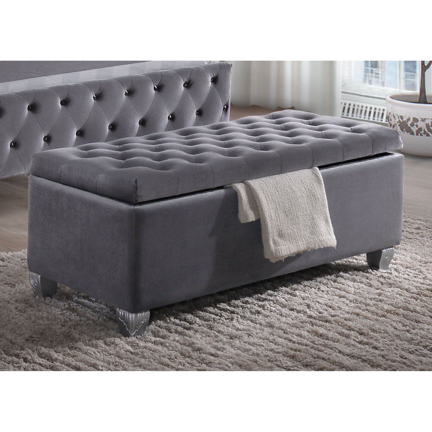 Grey Tufted Storage Bench Grey Velvet Bedroom Grey Luxury Eucalyptus Flip Top Wood Fabric