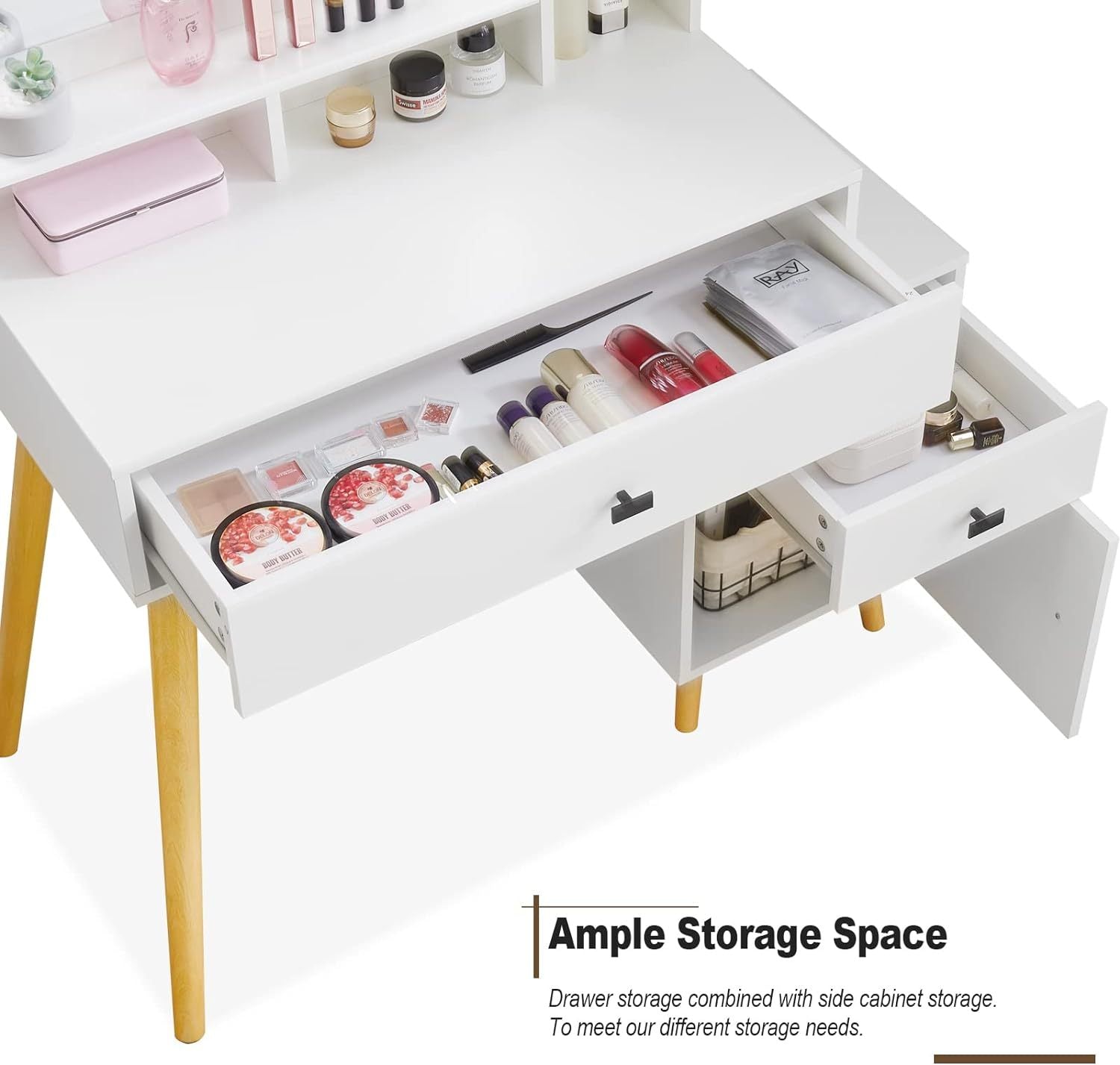 Dressing Table With Hollywood Led Mirror, Light Adjustable Brightness, Dressing Table, Padded Stool Set, White, Wooden Cosmetic Table With Drawer And Storage Cabinet White Drawer 2 Drawers Bedroom Modern 2 Or Less Mirror Included White Particle Board Mdf