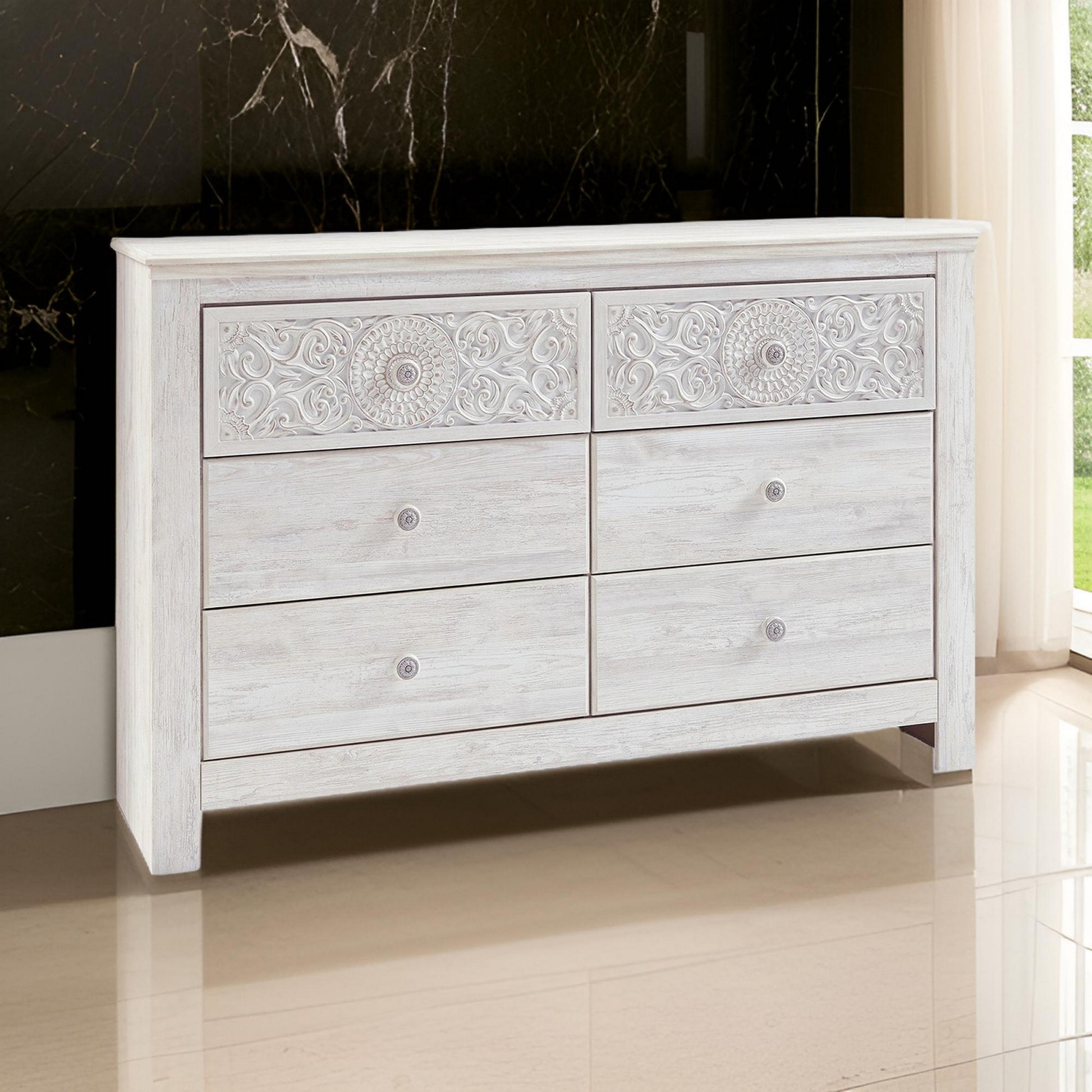 61 Inch Modern Wide Dresser, Whitewashed Wood, 6 Drawers, Medallion Details White Wood