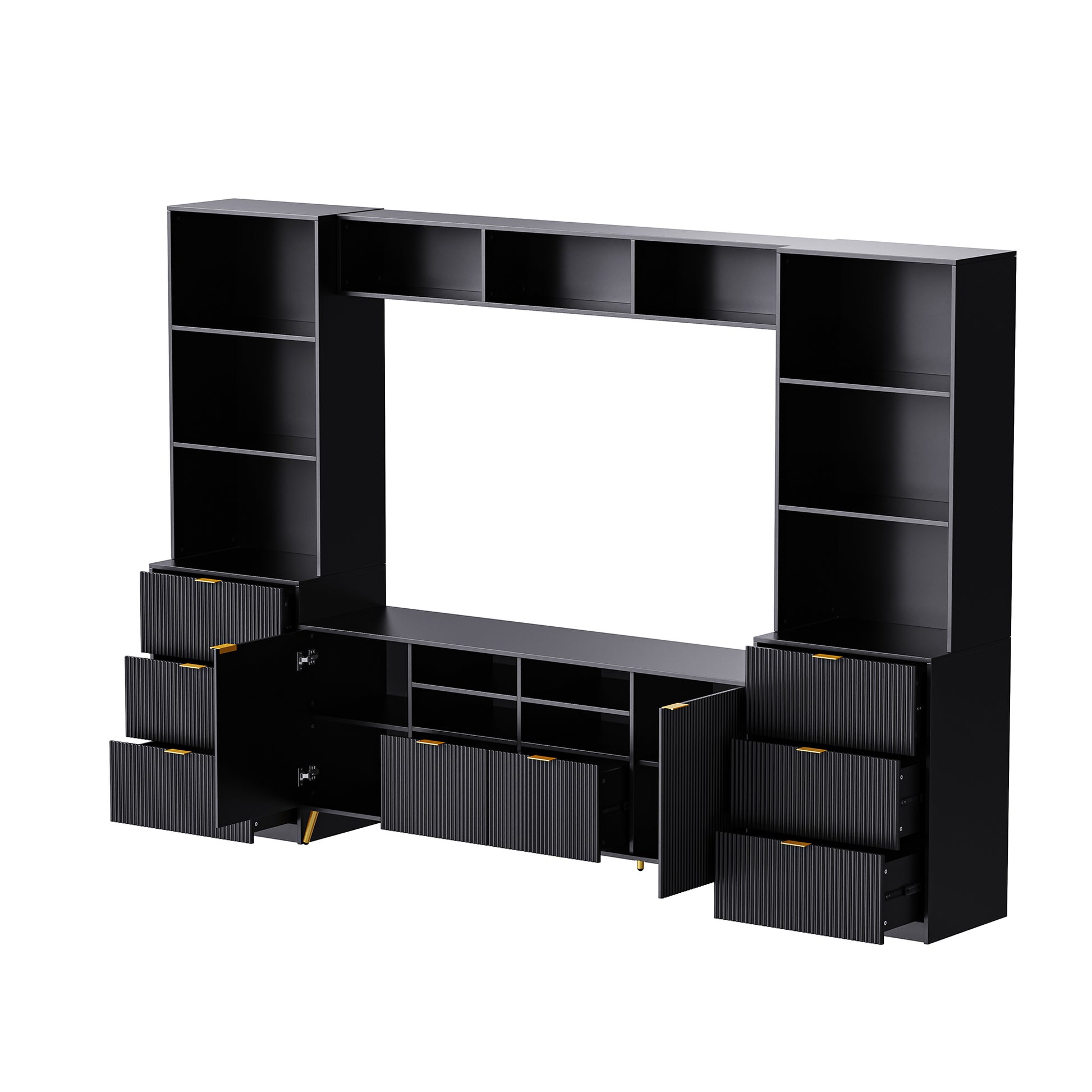 4 Piece Entertainment Wall Unit With 13 Shelves,8 Drawers And 2 Cabinets, Multifunctional Tv Stand Media Storage Cabinet With Fluted Line Surface For Living Room, For Tvs Up To 70" Black 60 69 Inches Mdf