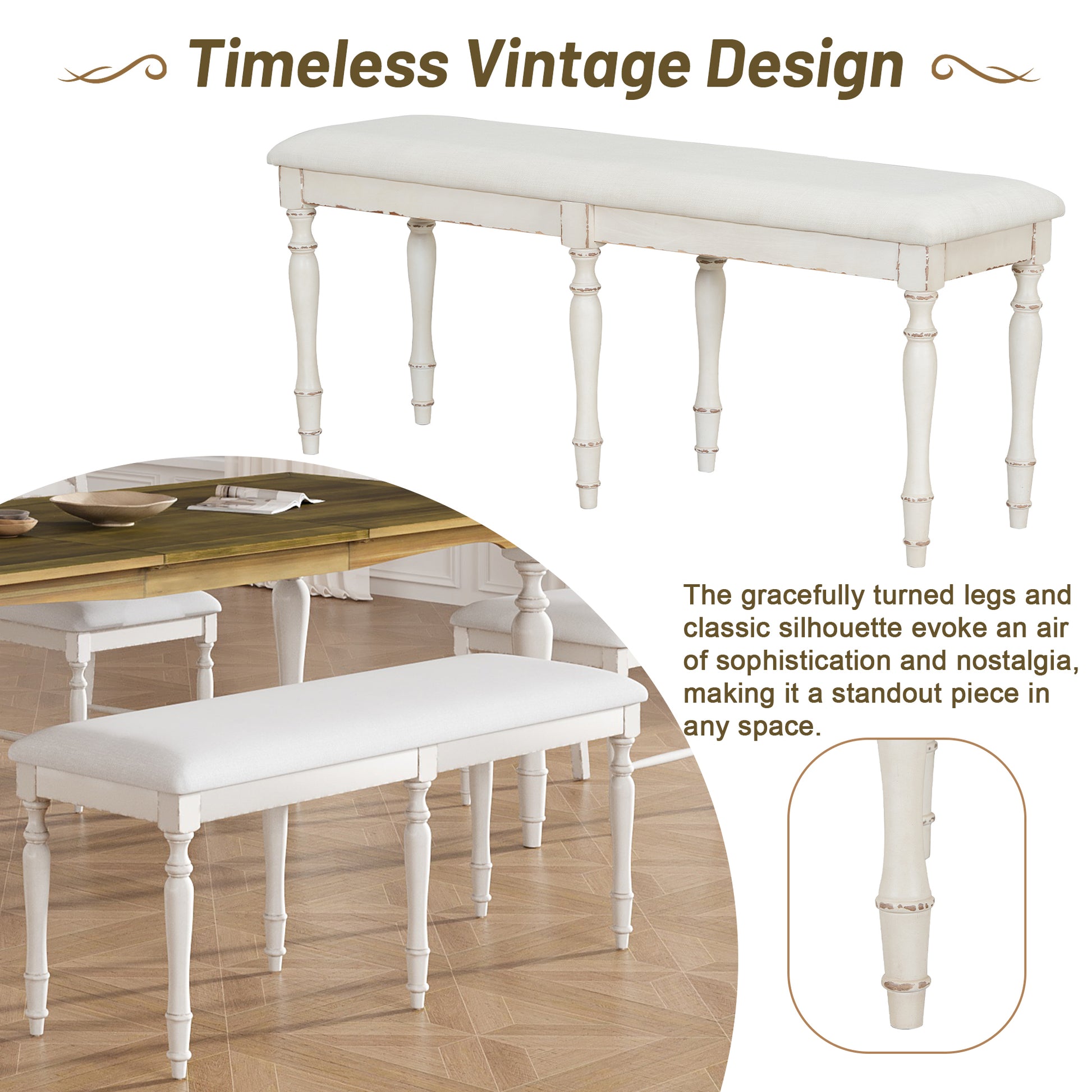 Vintage Traditional 6 Piece 82.7Inch Extendable Dining Table Set With 23.6Inch Removable Leaf, 50.4Inch Upholstered Dining Bench And 4 Chairs For 6, Brown Cream Wood Dining Room Distressed Finish Rubberwood Rectangular Dining Table With Bench Wood Wood