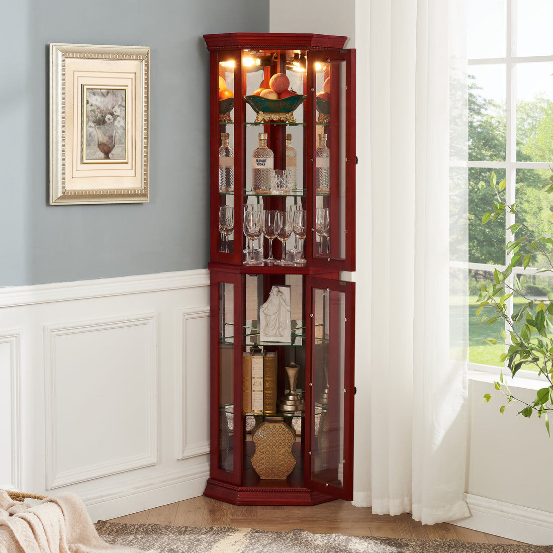 Corner Curio Cabinet Lighted Corner Display, Glass Display Shelf Shelving Bar Cabinet With Tempered Glass Door, Bar Cabinet,Cabinet With Adjustable Shelf Glass Cabinet Shelves Bead Bulb Included Cherry Mdf Glass