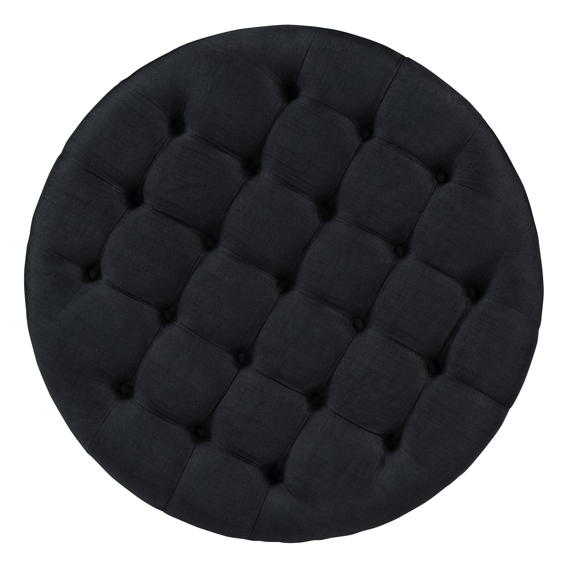 Modern Large Round Ottoman Coffee Table 2 Tier Oversized Button Tufted Ottoman With Wood Shelf Storage Upholstered Coffee Table For Living Room Footrest Ottoman With Wheel, Waterproof Linen Black Brown Rubber Wood