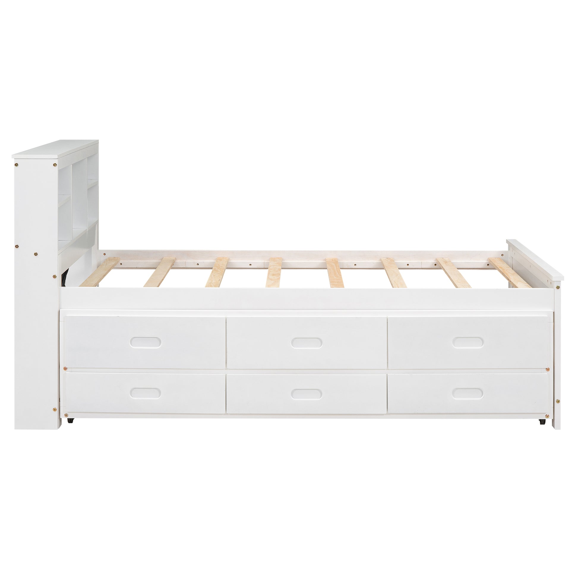 Twin Size Platform Bed With Storage Headboard, Usb, Twin Size Trundle And 3 Drawers, White Box Spring Not Required Twin White Wood Bedroom Bed Frame Solid Wood Mdf