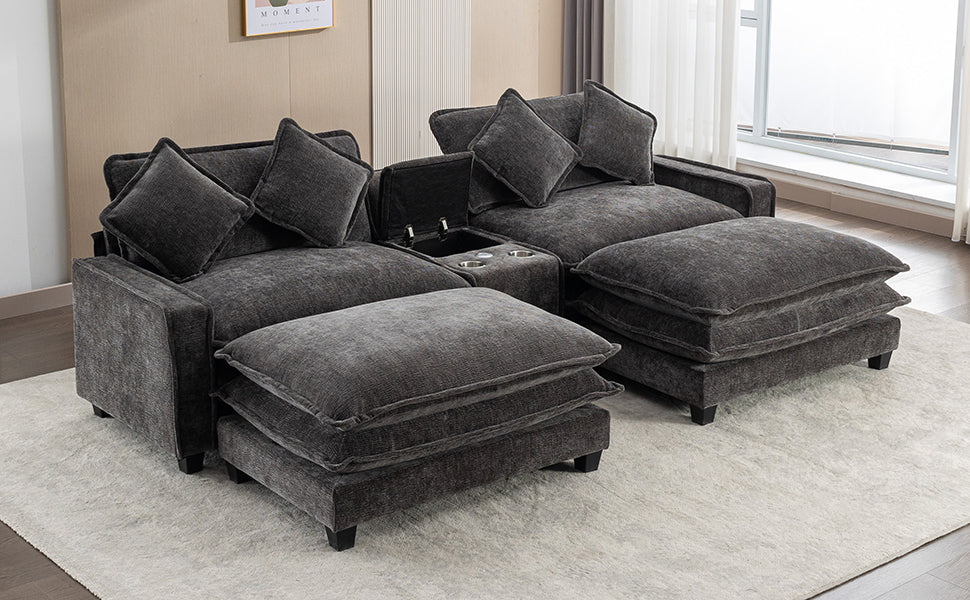 112.6" Sectional Sofa Chenille Upholstered Sofa With Two Removable Ottoman, Two Usb Ports, Two Cup Holders And Large Storage Box For Living Room, Black Black Foam Chenille 2 Seat