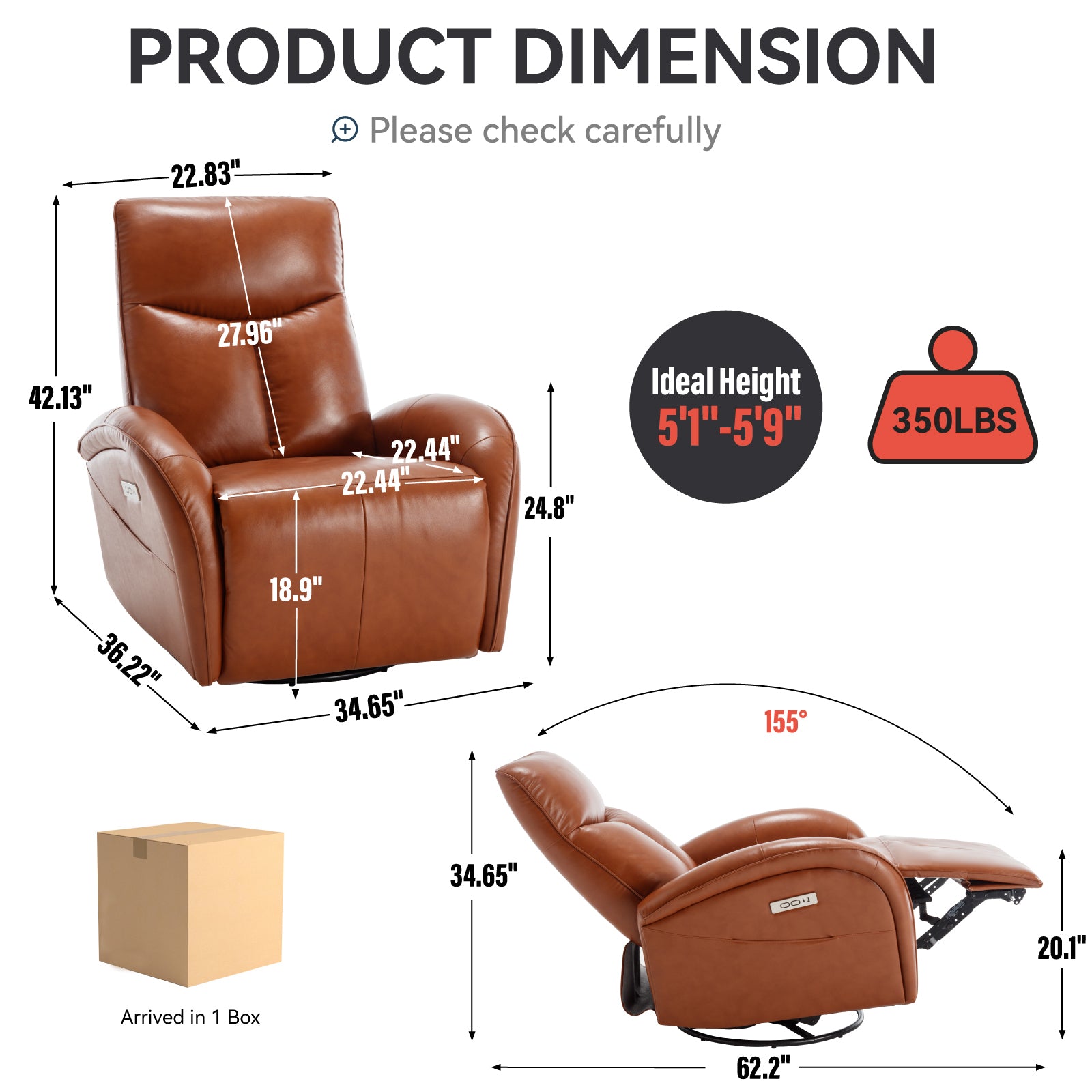 Yellow Brown Genuine Leather Swivel And Rocker Power Recliner Chair With Lumbar Support, Max Swivel Degree 270 , Heavy Duty Motion Mechanism With Usb And Type C Brown Genuine Leather Power Push Button Metal Primary Living Space Medium Firm Pillow Back